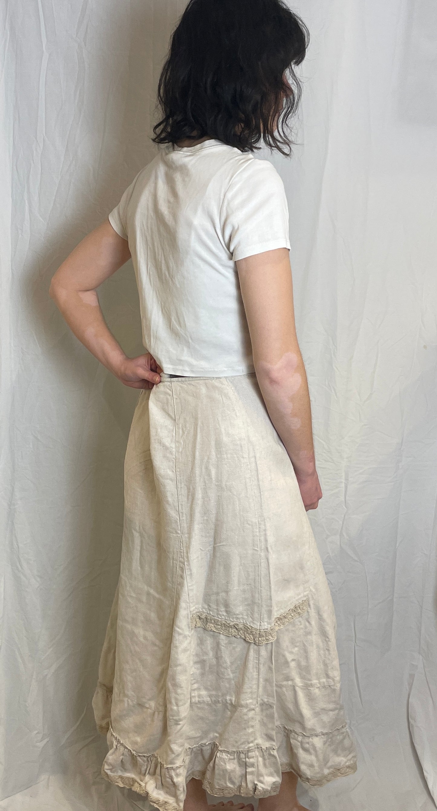 Vintage Y2K Beige Lace Trim Ruffle Hem Linen Maxi Skirt - Size 12