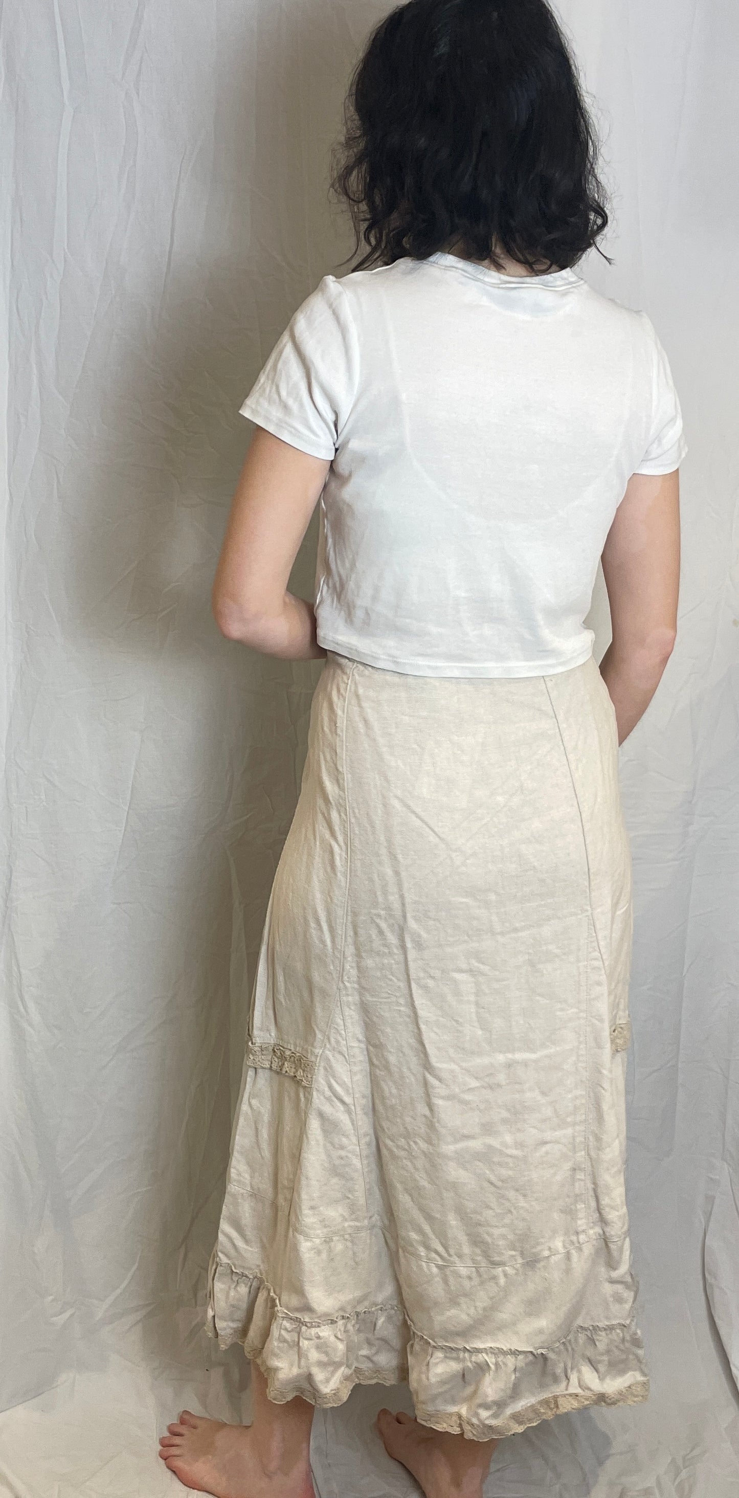 Vintage Y2K Beige Lace Trim Ruffle Hem Linen Maxi Skirt - Size 12