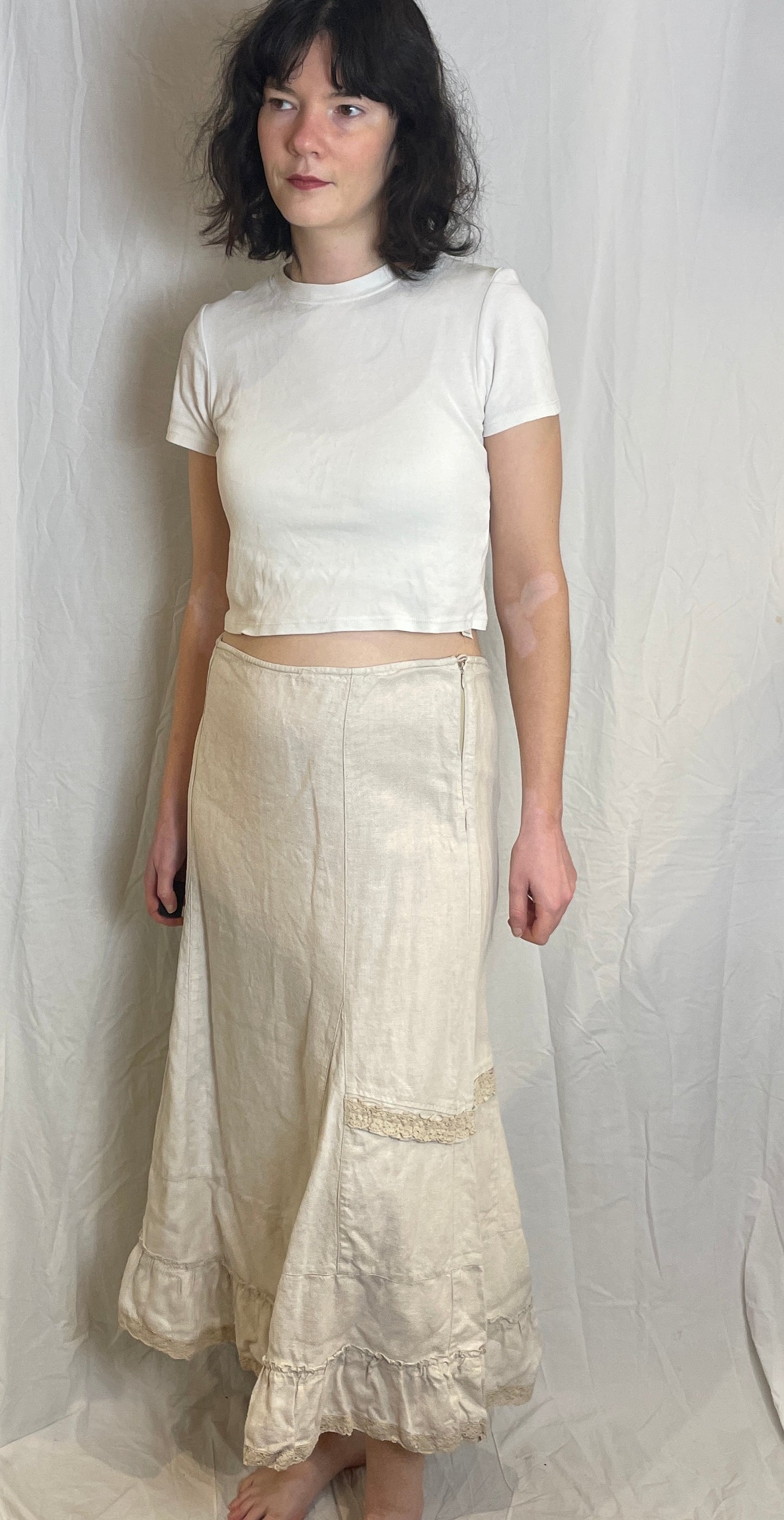 Vintage Y2K Beige Lace Trim Ruffle Hem Linen Maxi Skirt - Size 12