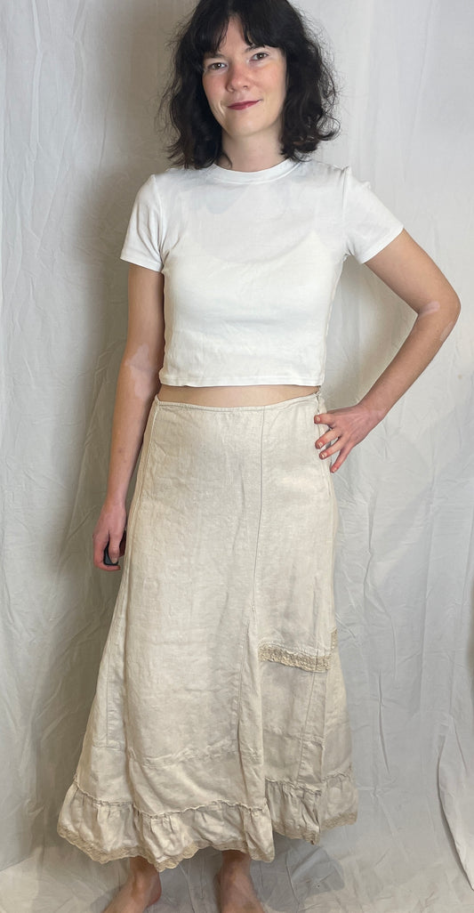 Vintage Y2K Beige Lace Trim Ruffle Hem Linen Maxi Skirt - Size 12