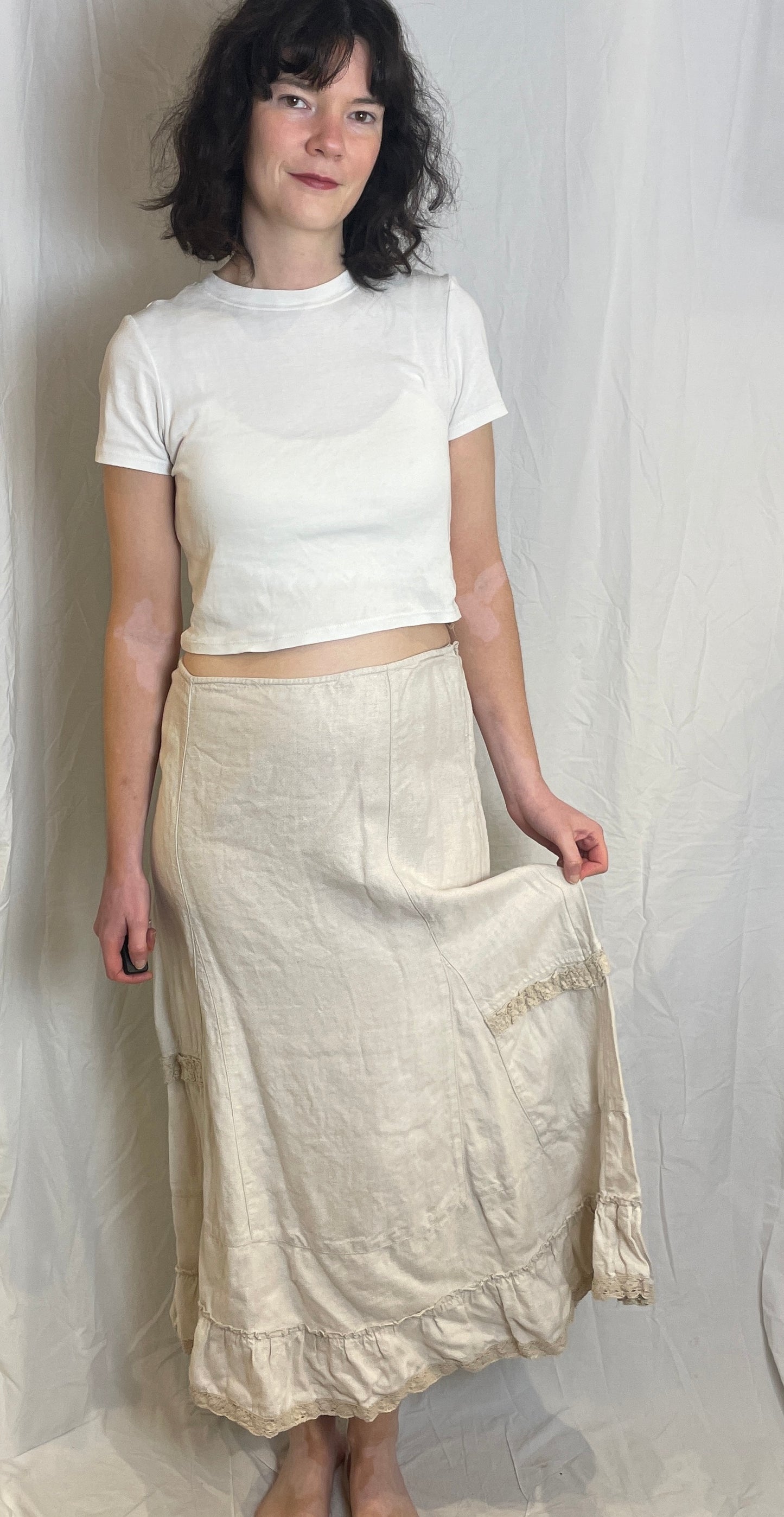 Vintage Y2K Beige Lace Trim Ruffle Hem Linen Maxi Skirt - Size 12