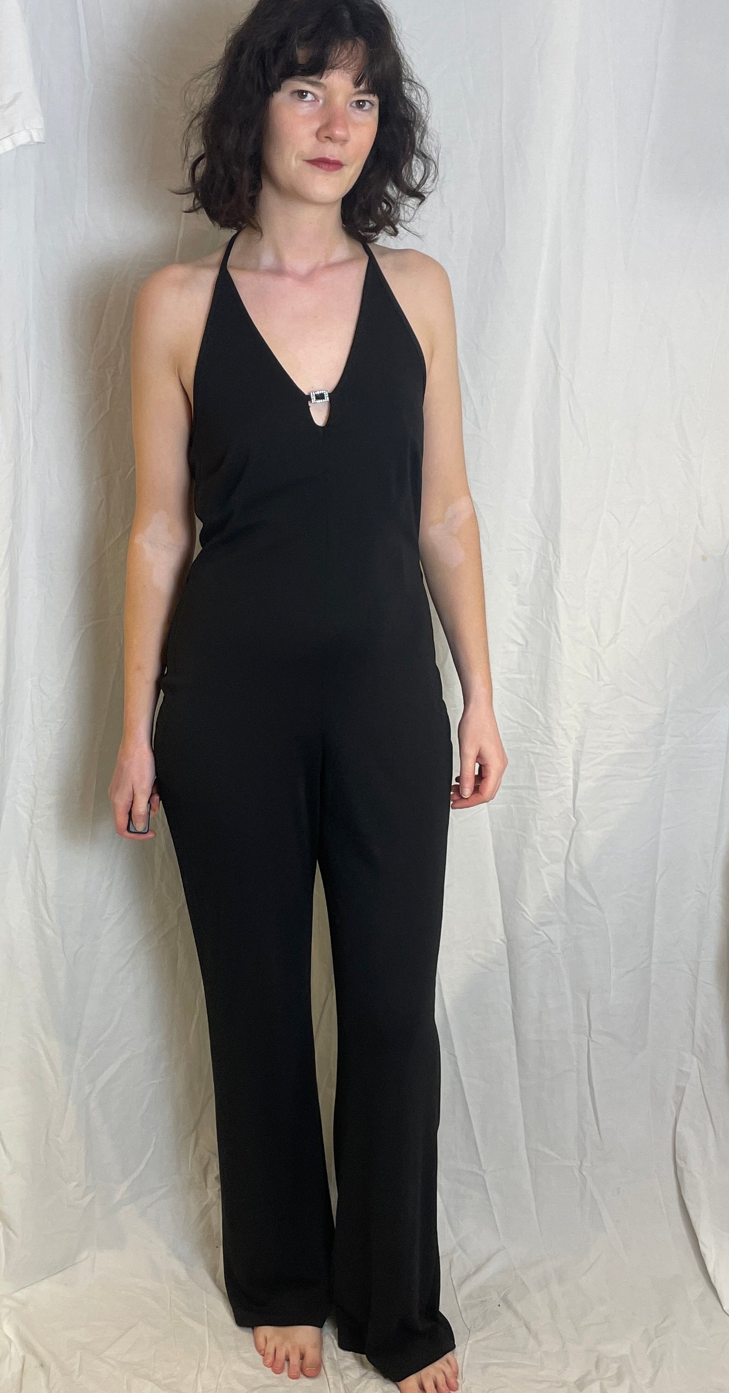 Vintage Y2K Black Halterneck Flared Jumpsuit with Diamante Buckle - Size 12