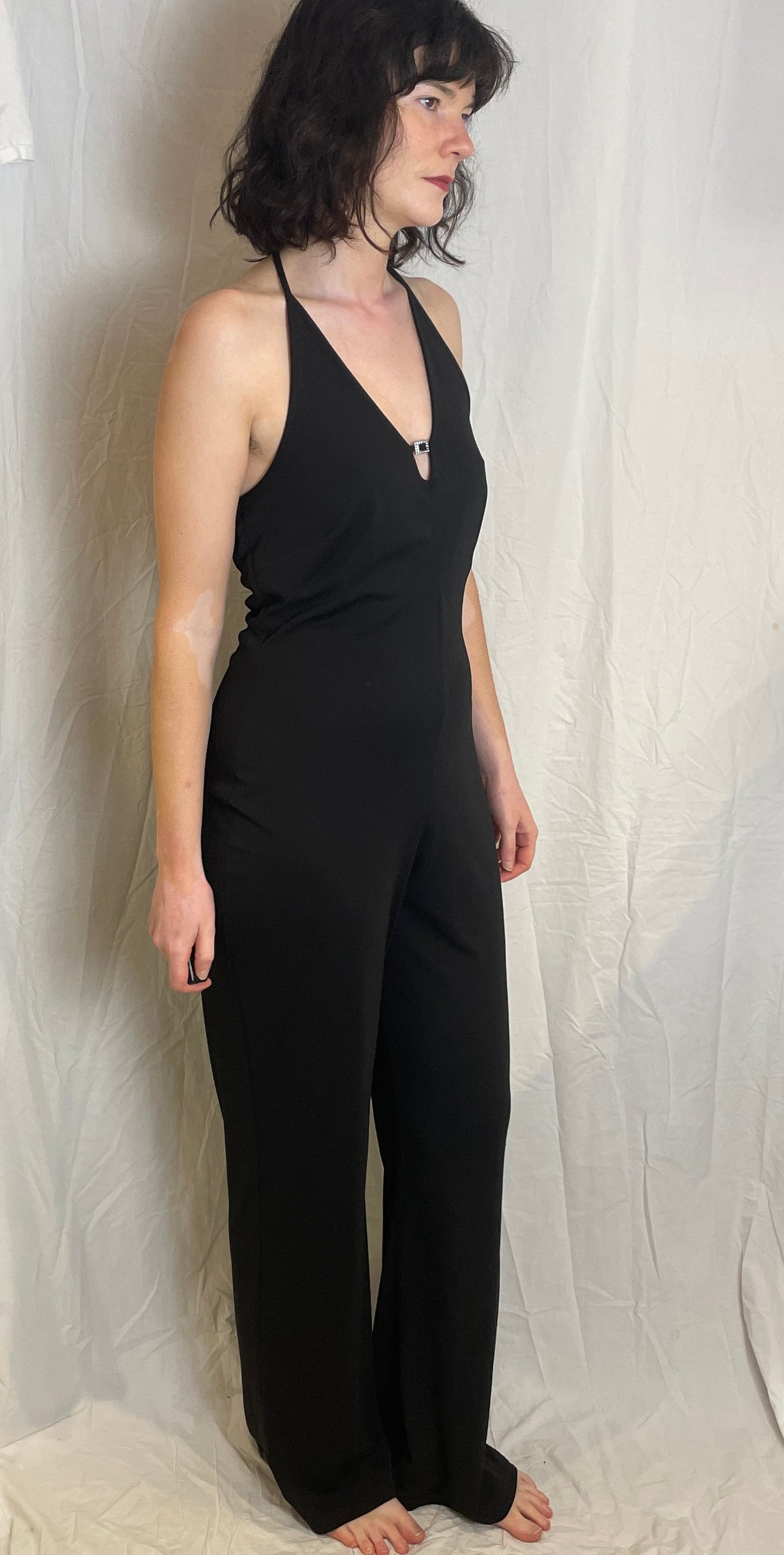 Vintage Y2K Black Halterneck Flared Jumpsuit with Diamante Buckle - Size 12