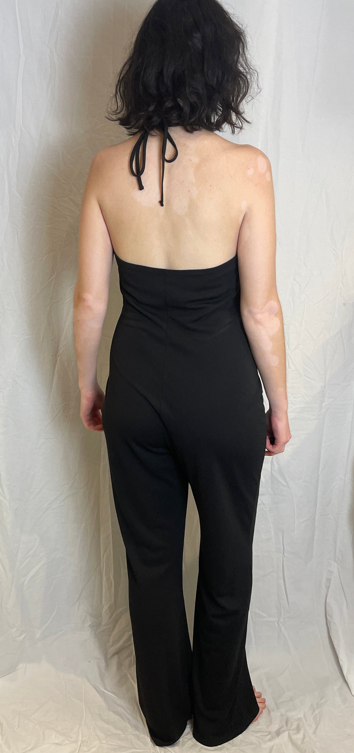 Vintage Y2K Black Halterneck Flared Jumpsuit with Diamante Buckle - Size 12