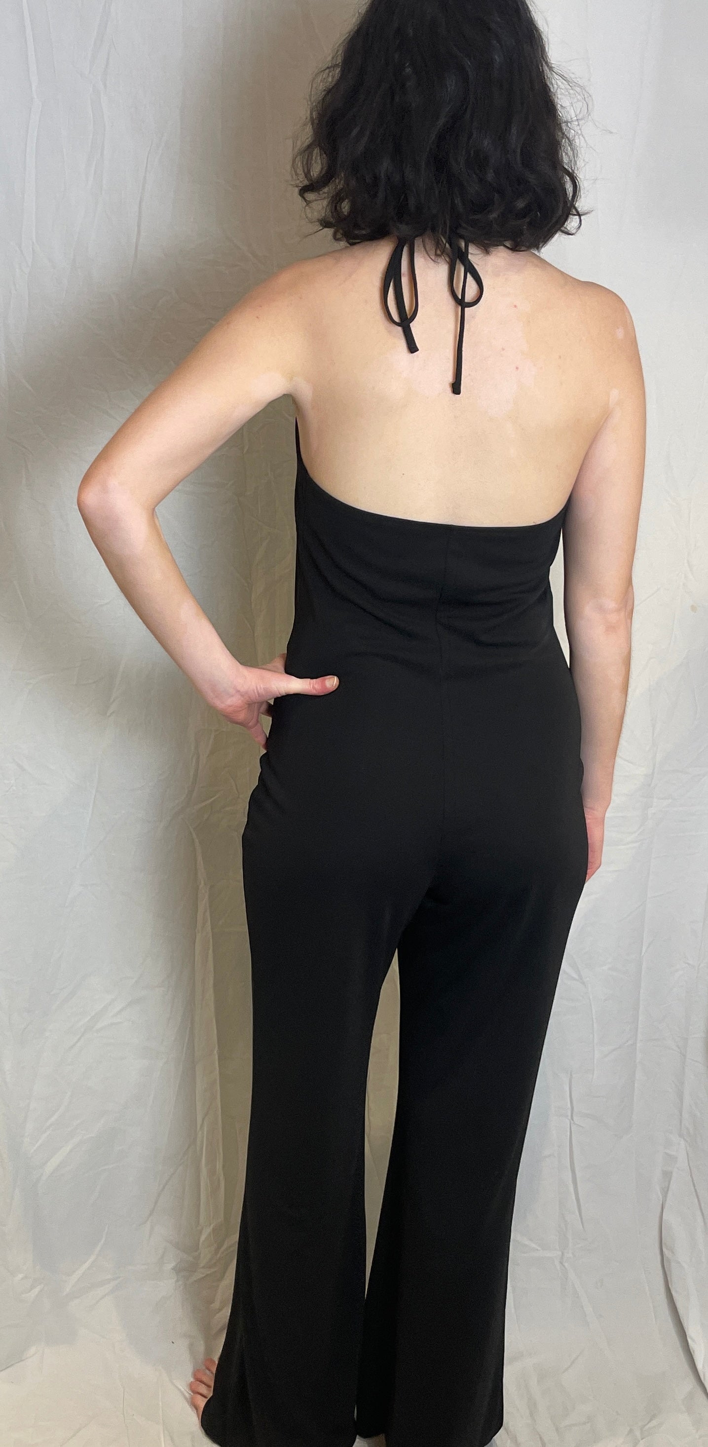 Vintage Y2K Black Halterneck Flared Jumpsuit with Diamante Buckle - Size 12