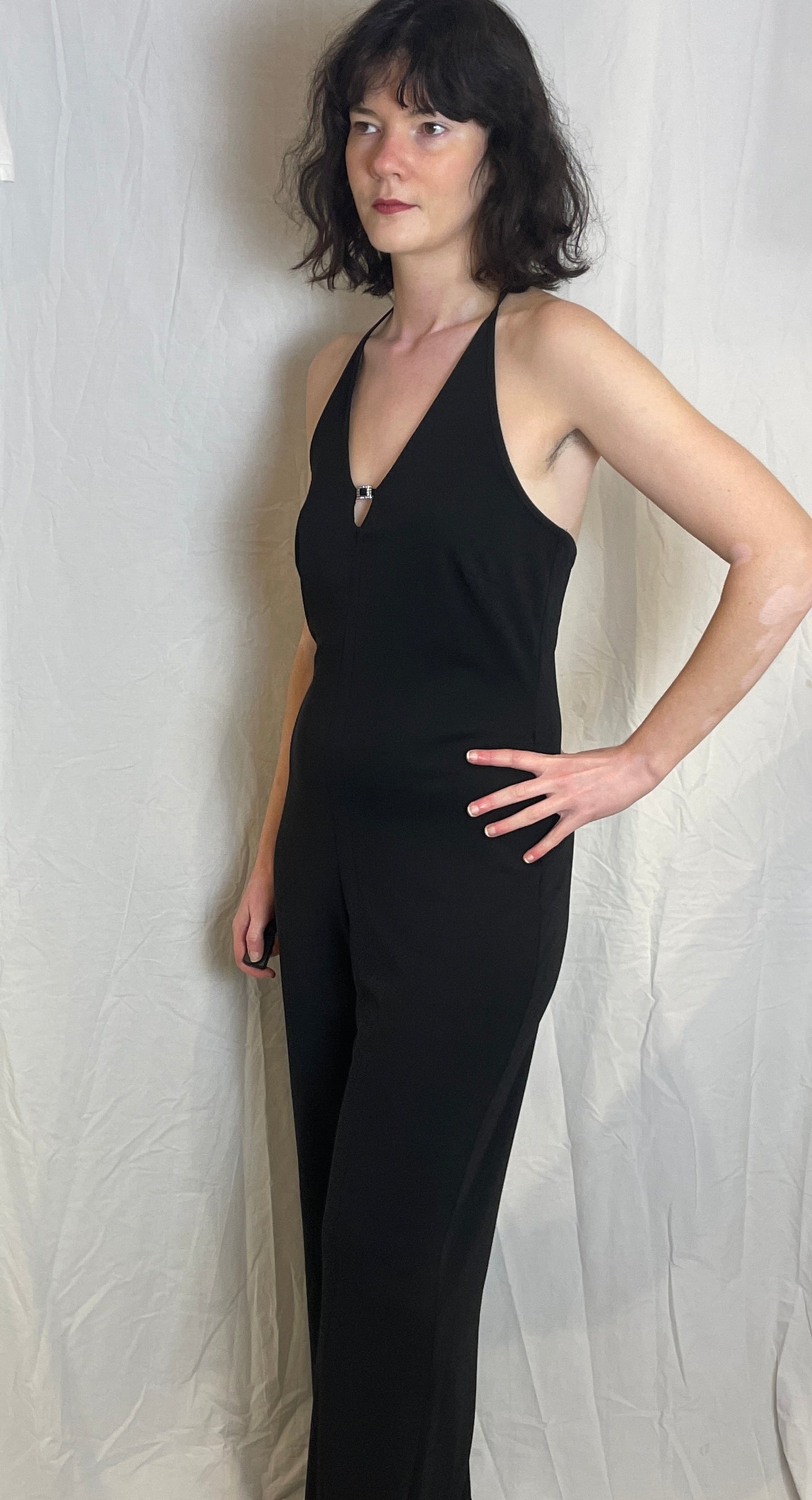 Vintage Y2K Black Halterneck Flared Jumpsuit with Diamante Buckle - Size 12