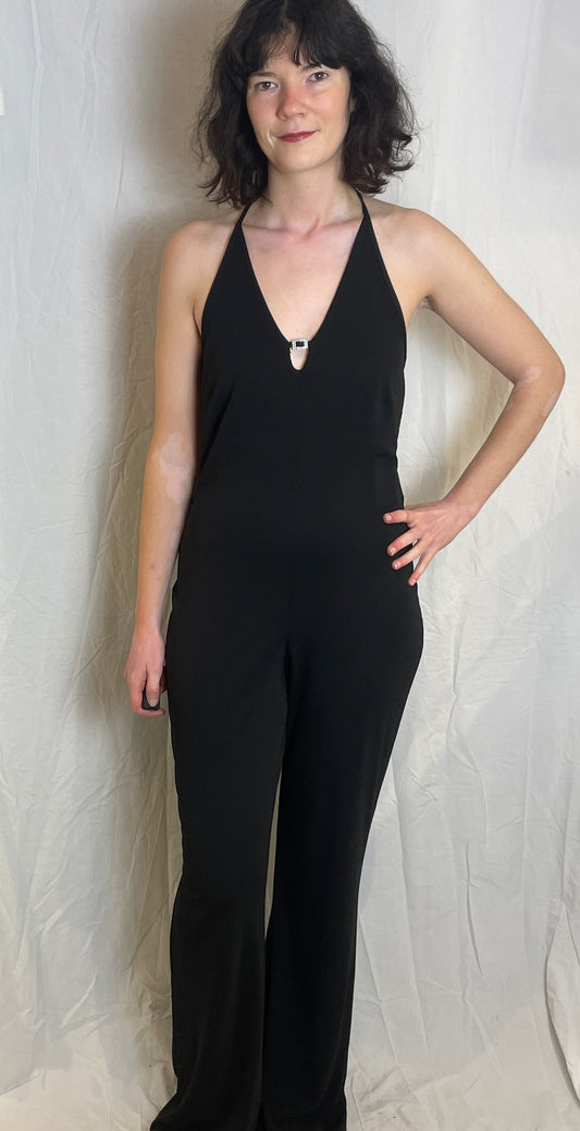 Vintage Y2K Black Halterneck Flared Jumpsuit with Diamante Buckle - Size 12