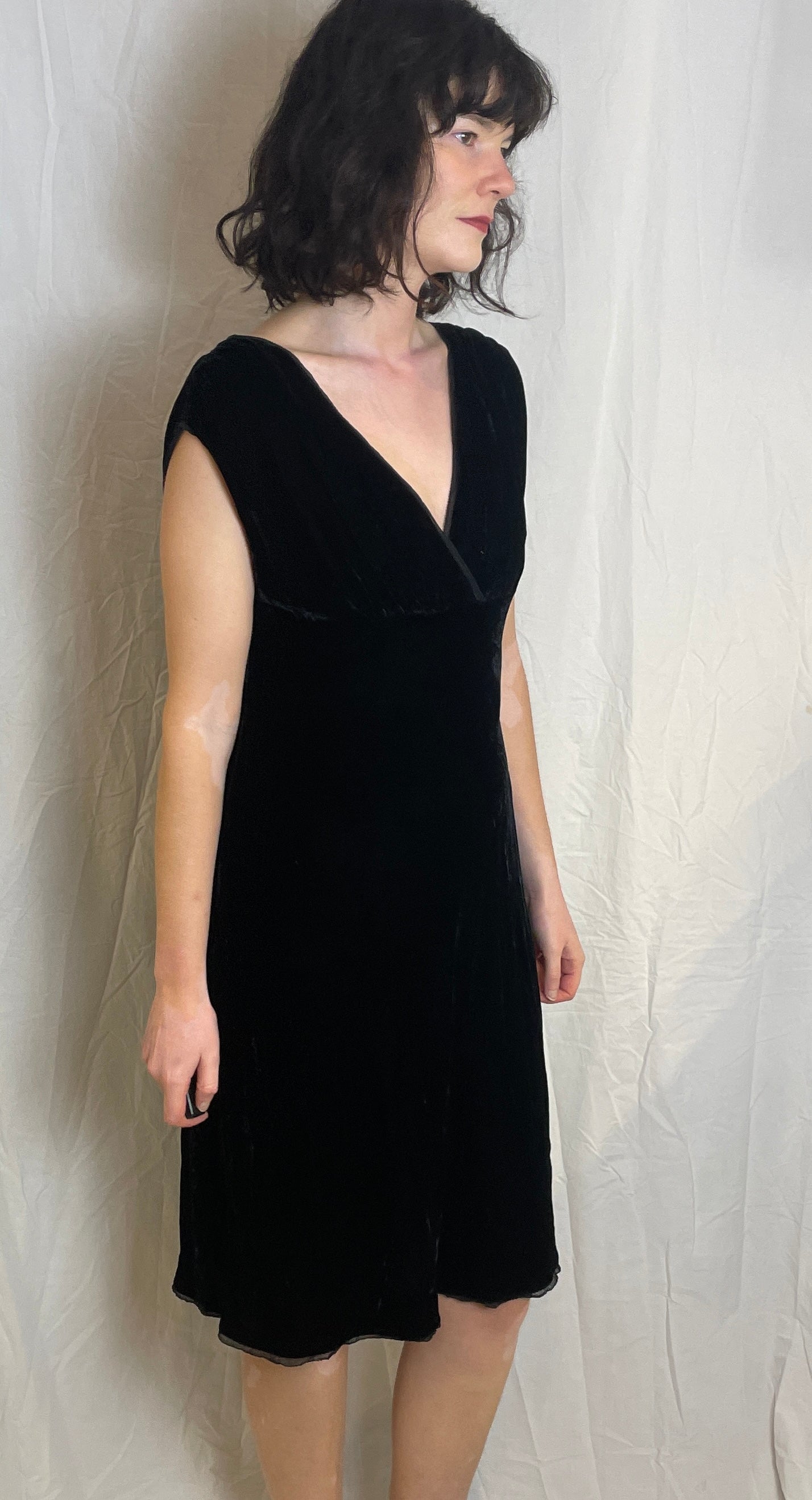 Vintage 90s Black Silk Velvet Ruched Midi Dress - Up To Size 12