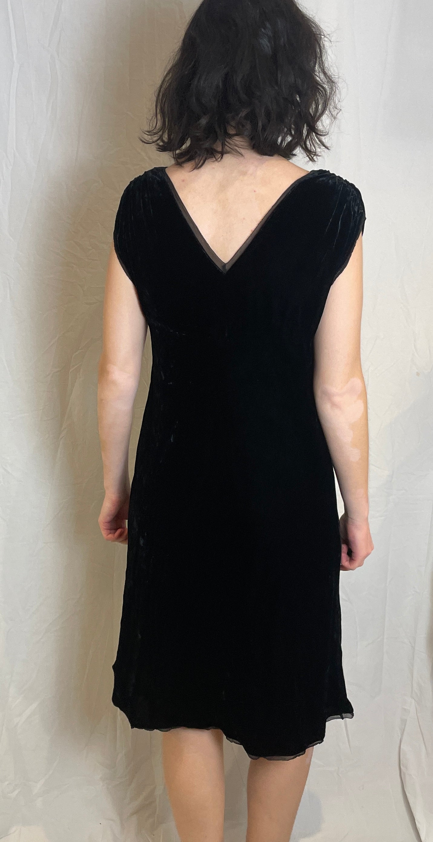 Vintage 90s Black Silk Velvet Ruched Midi Dress - Up To Size 12