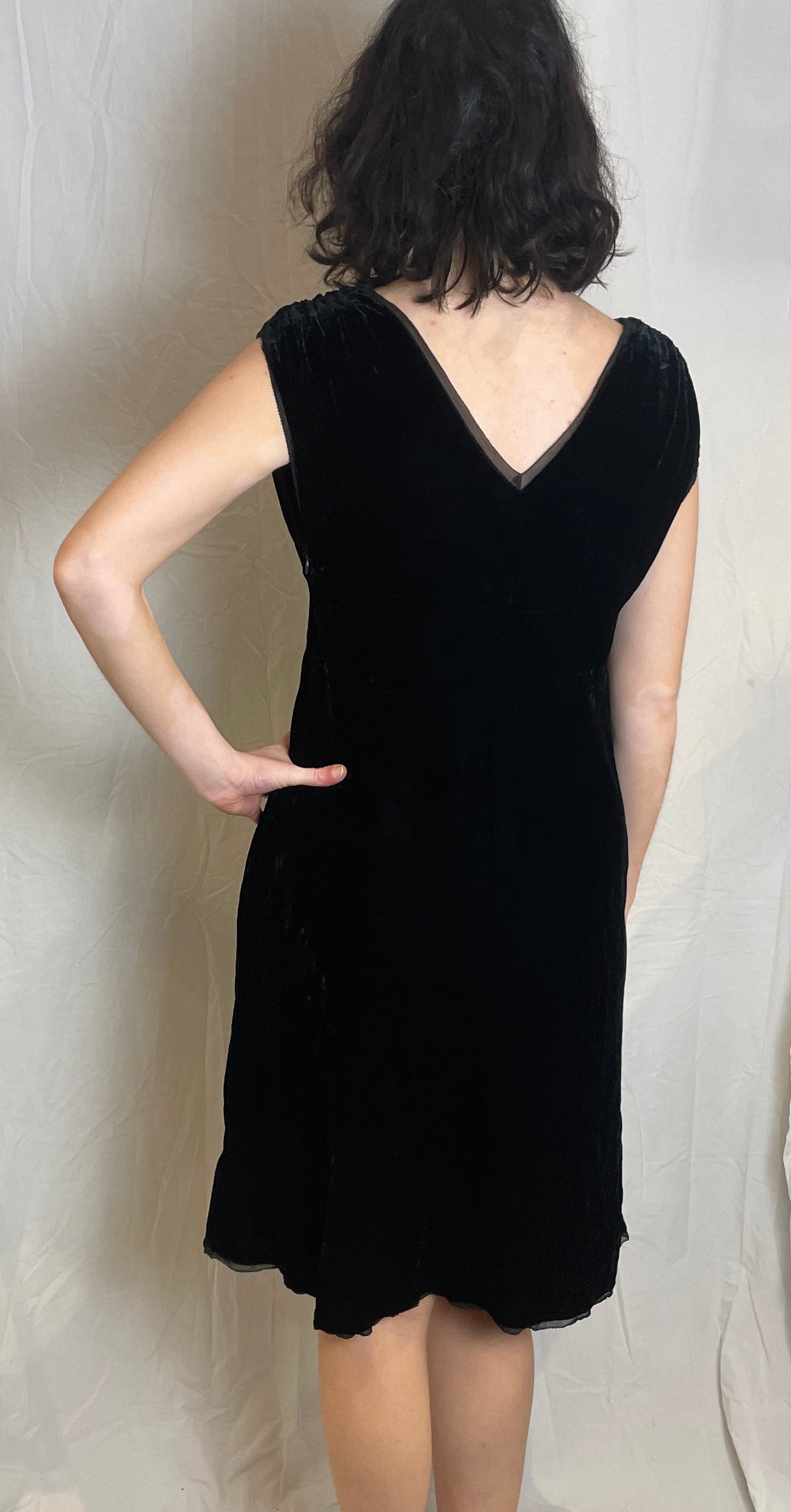 Vintage 90s Black Silk Velvet Ruched Midi Dress - Up To Size 12