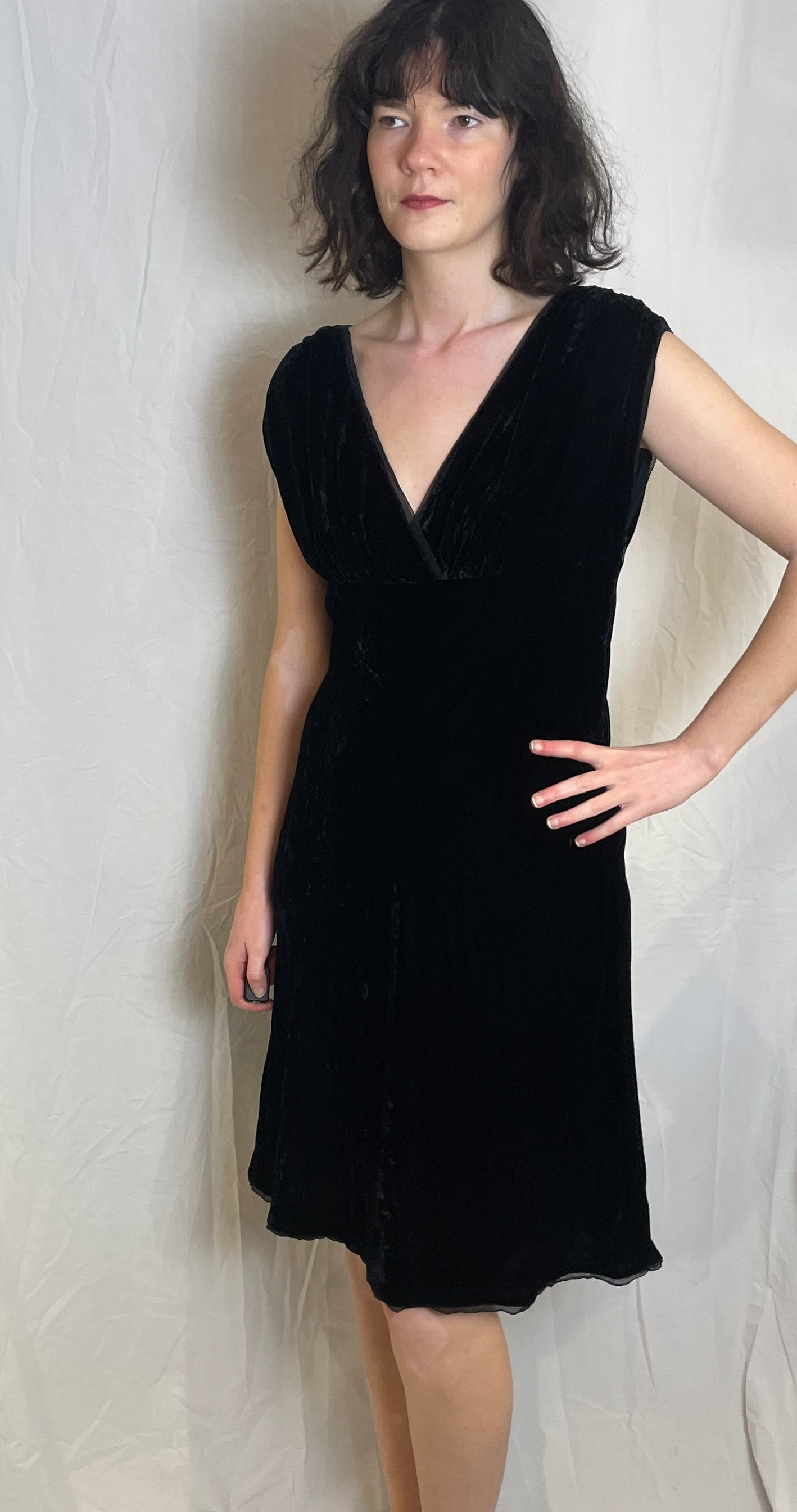 Vintage 90s Black Silk Velvet Ruched Midi Dress - Up To Size 12