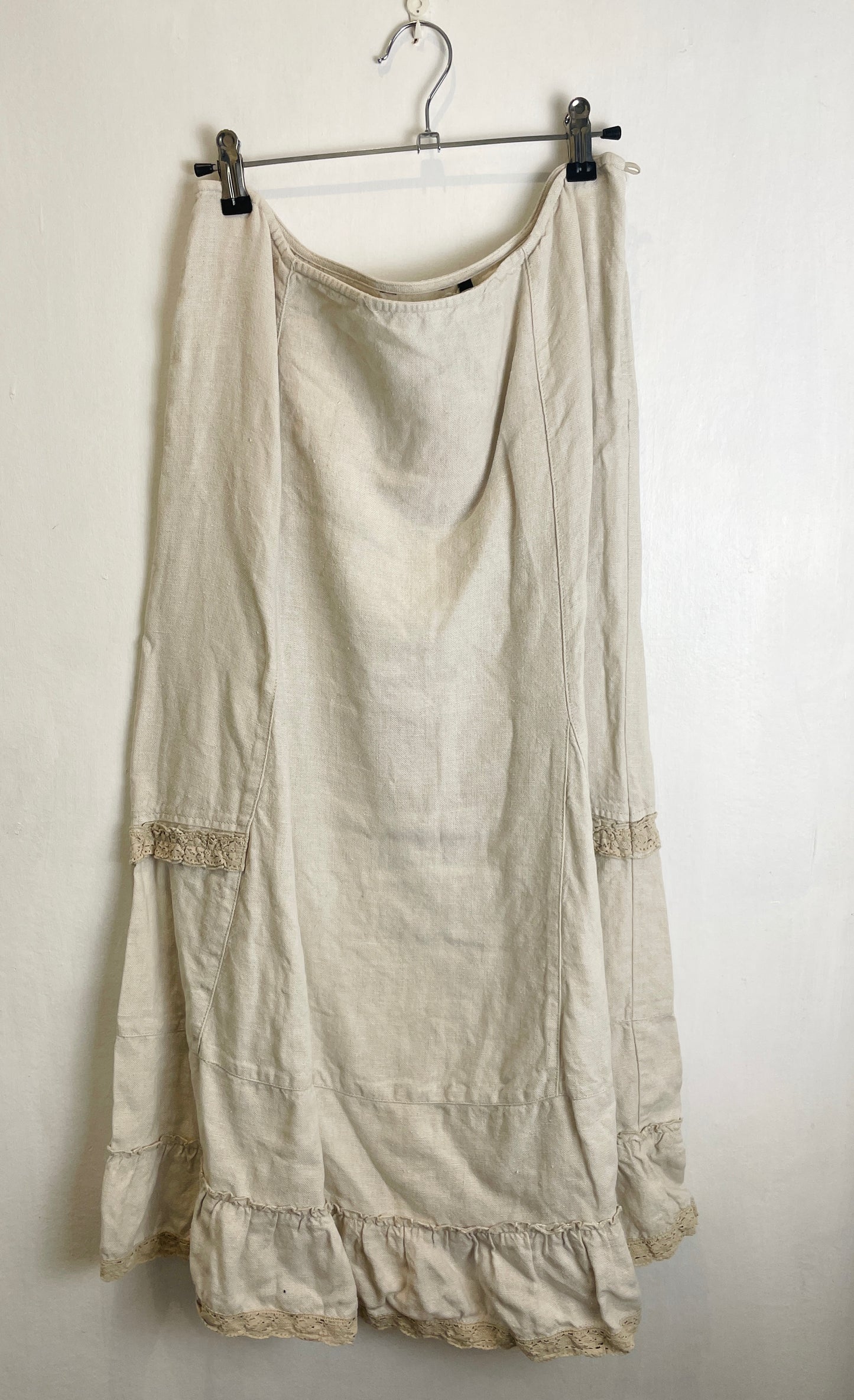 Vintage Y2K Beige Lace Trim Ruffle Hem Linen Maxi Skirt - Size 12