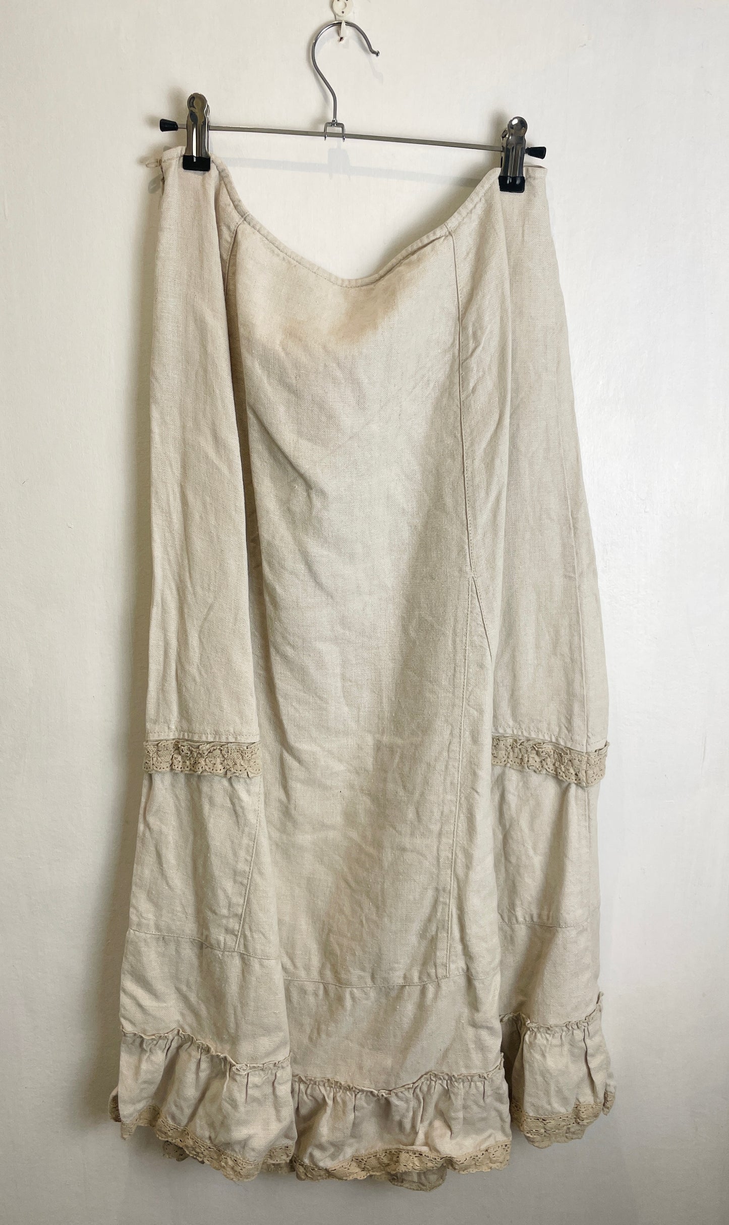 Vintage Y2K Beige Lace Trim Ruffle Hem Linen Maxi Skirt - Size 12