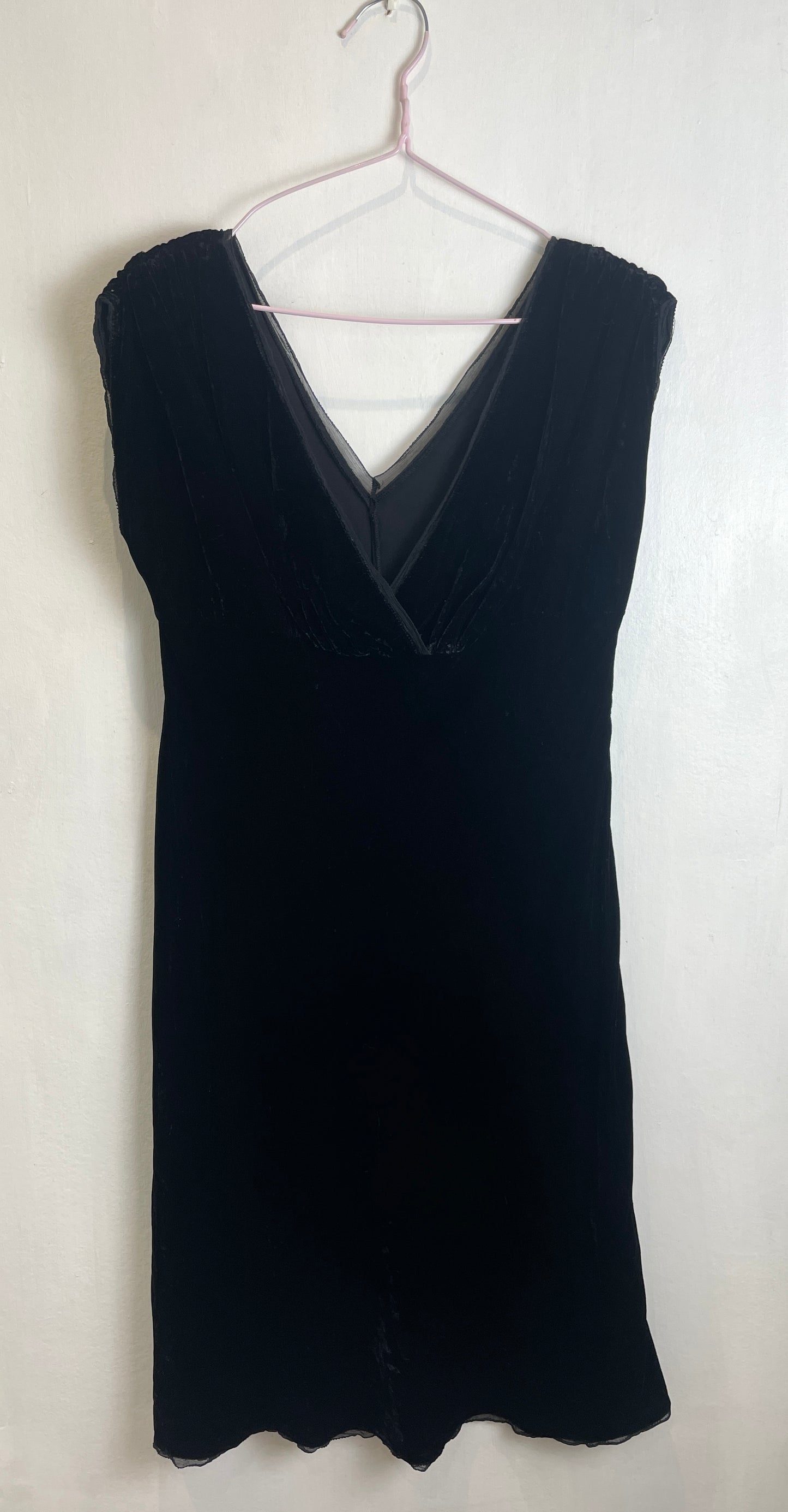 Vintage 90s Black Silk Velvet Ruched Midi Dress - Up To Size 12