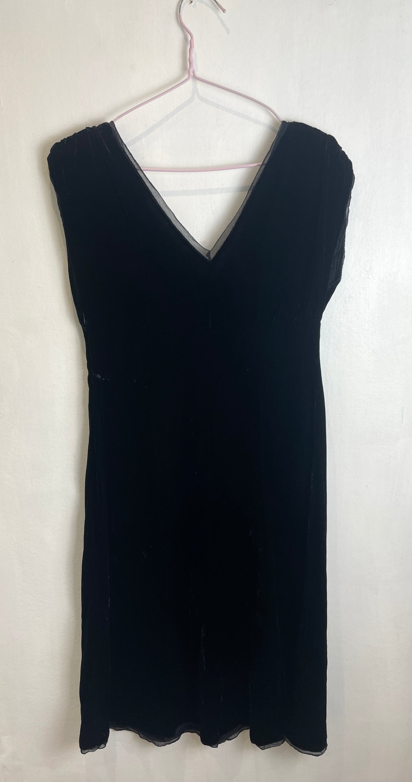 Vintage 90s Black Silk Velvet Ruched Midi Dress - Up To Size 12