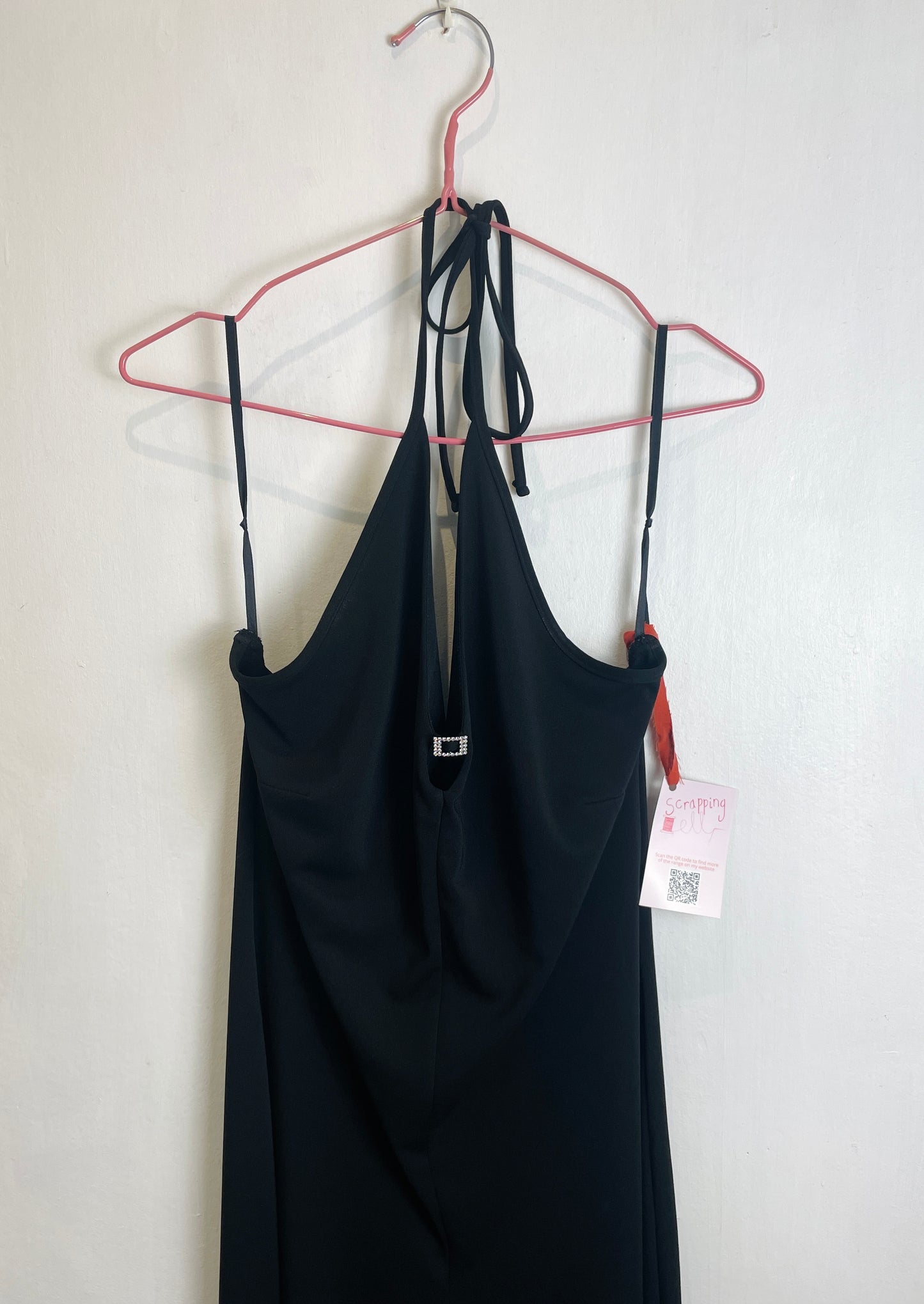 Vintage Y2K Black Halterneck Flared Jumpsuit with Diamante Buckle - Size 12