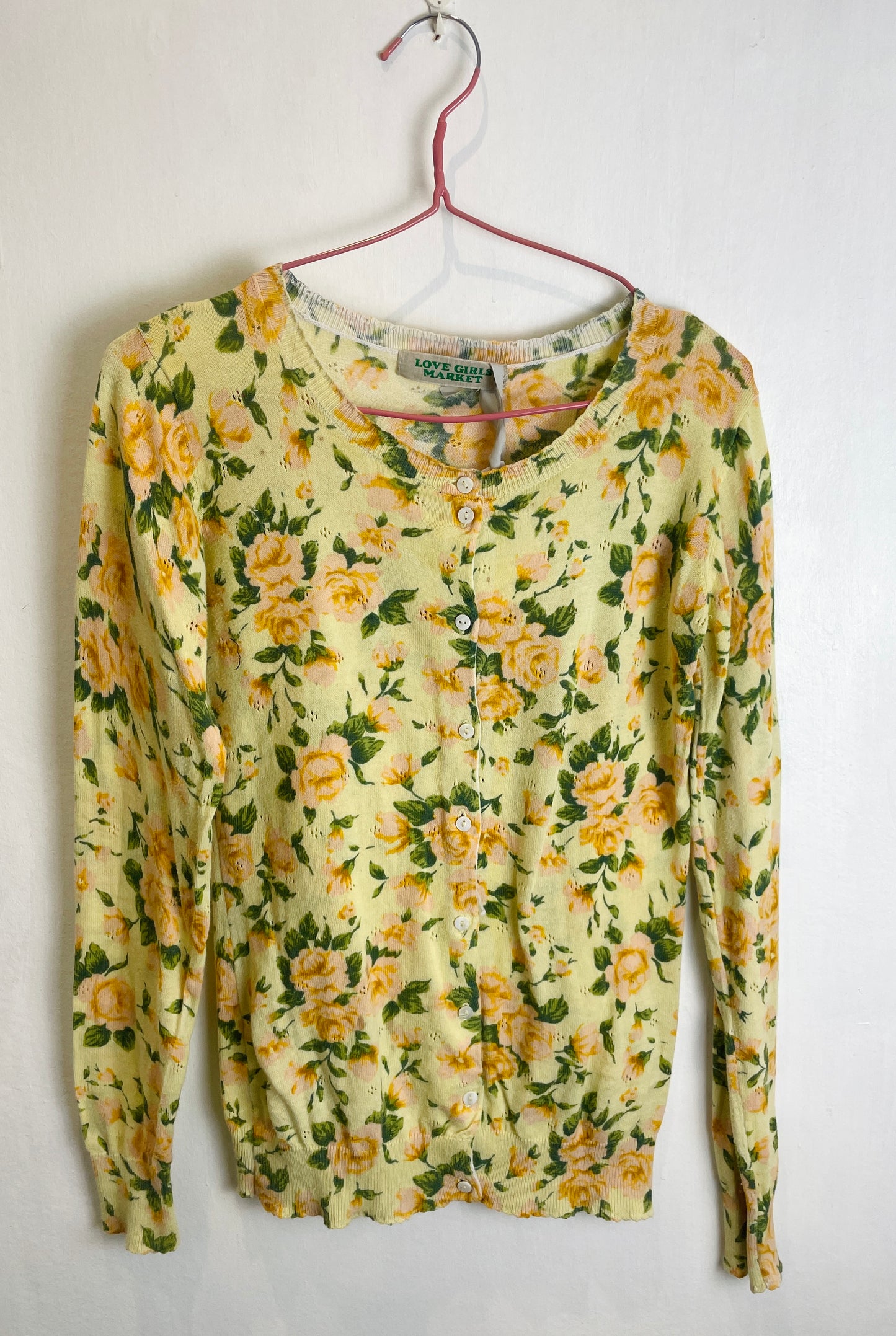 Vintage Y2K Yellow and Pink Rose Print Cardigan - Up To Size 8