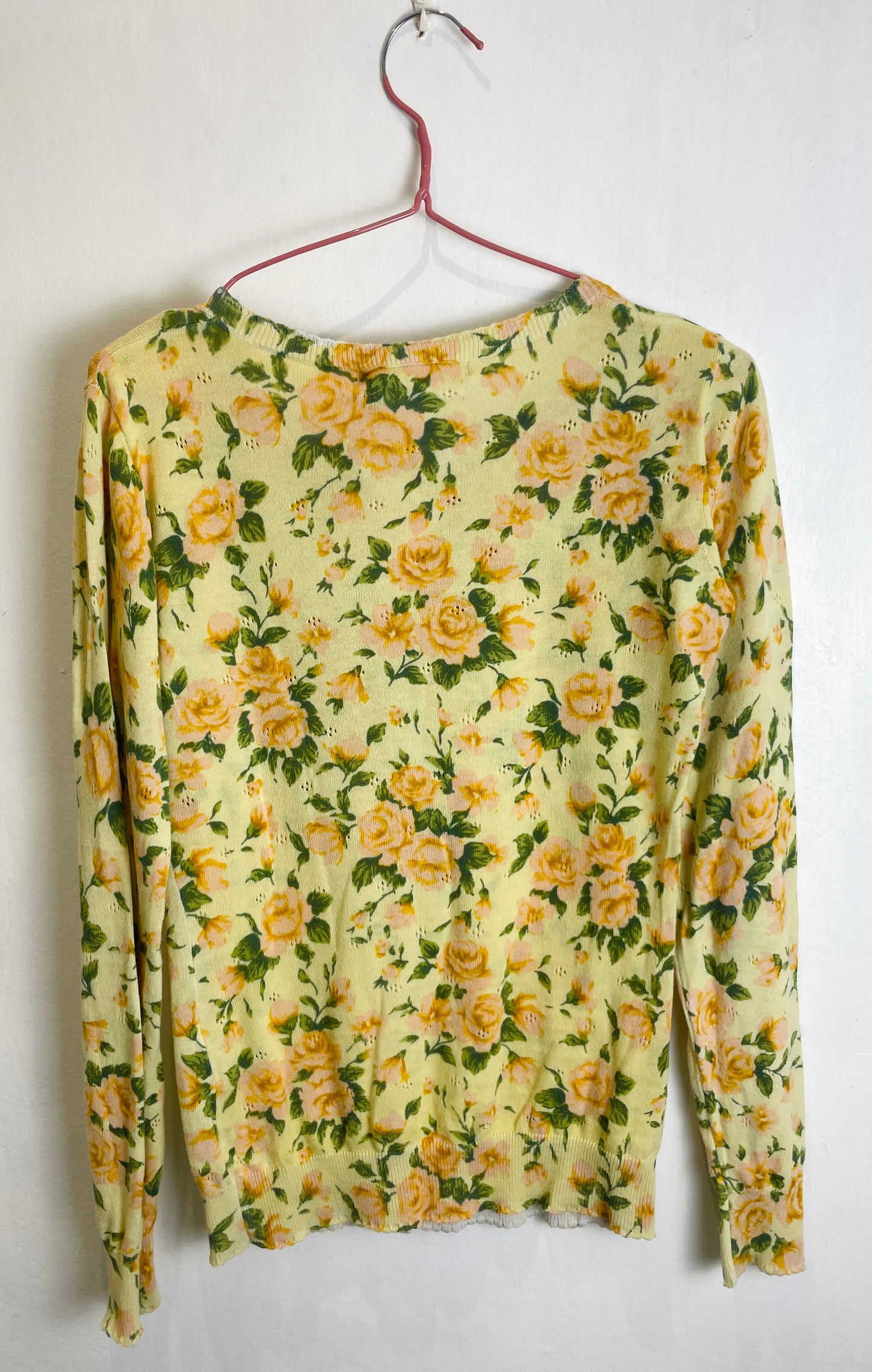 Vintage Y2K Yellow and Pink Rose Print Cardigan - Up To Size 8