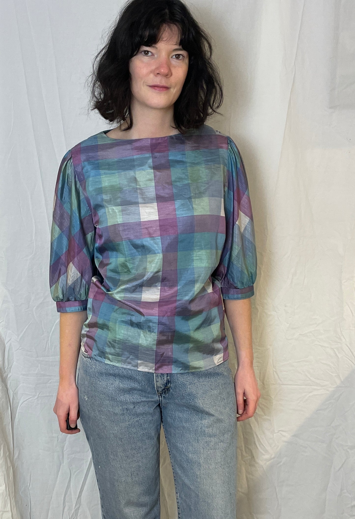 Vintage 80s Blue and Purple Checked Puff Sleeve Satin Blouse - Up To Size 12