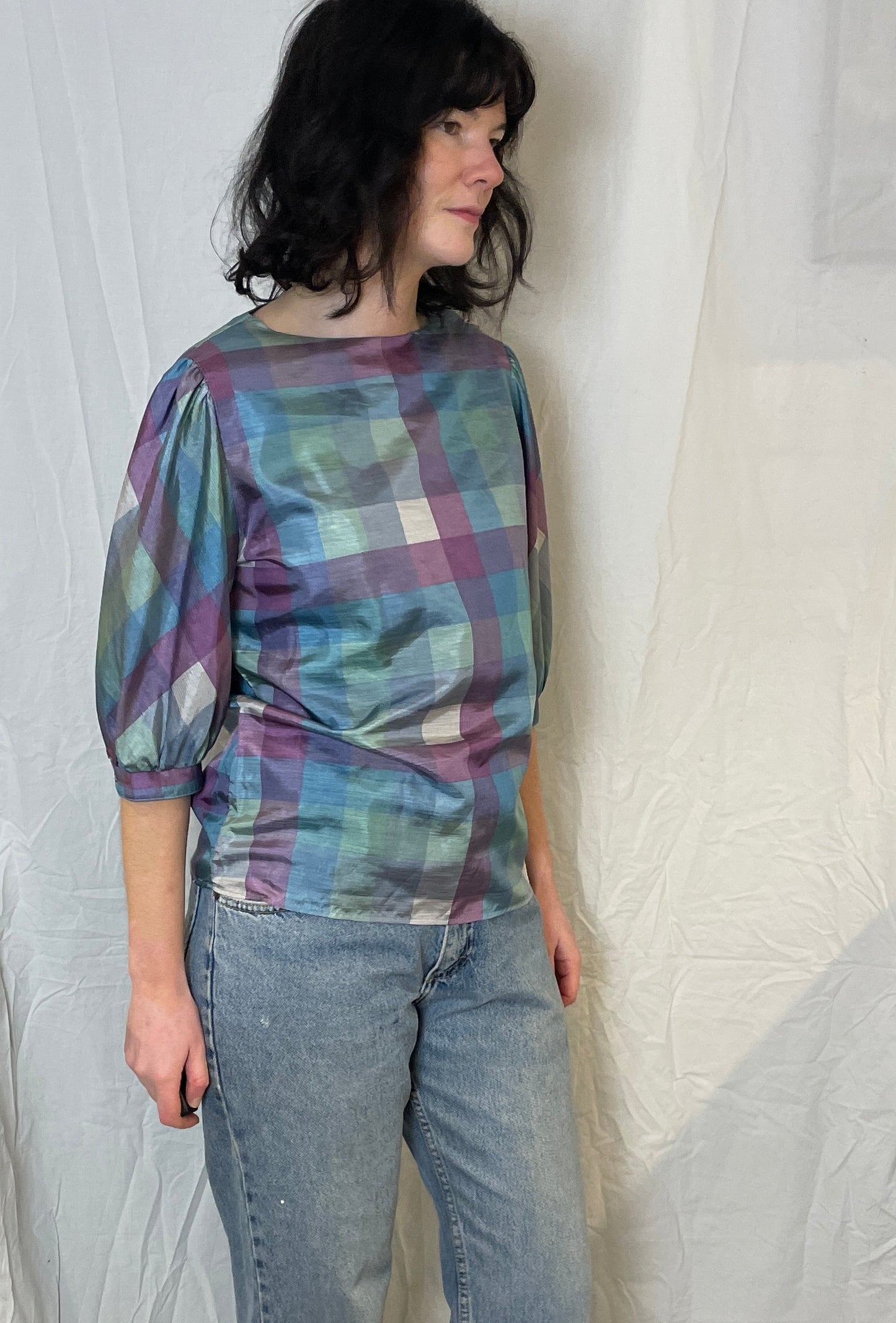 Vintage 80s Blue and Purple Checked Puff Sleeve Satin Blouse - Up To Size 12