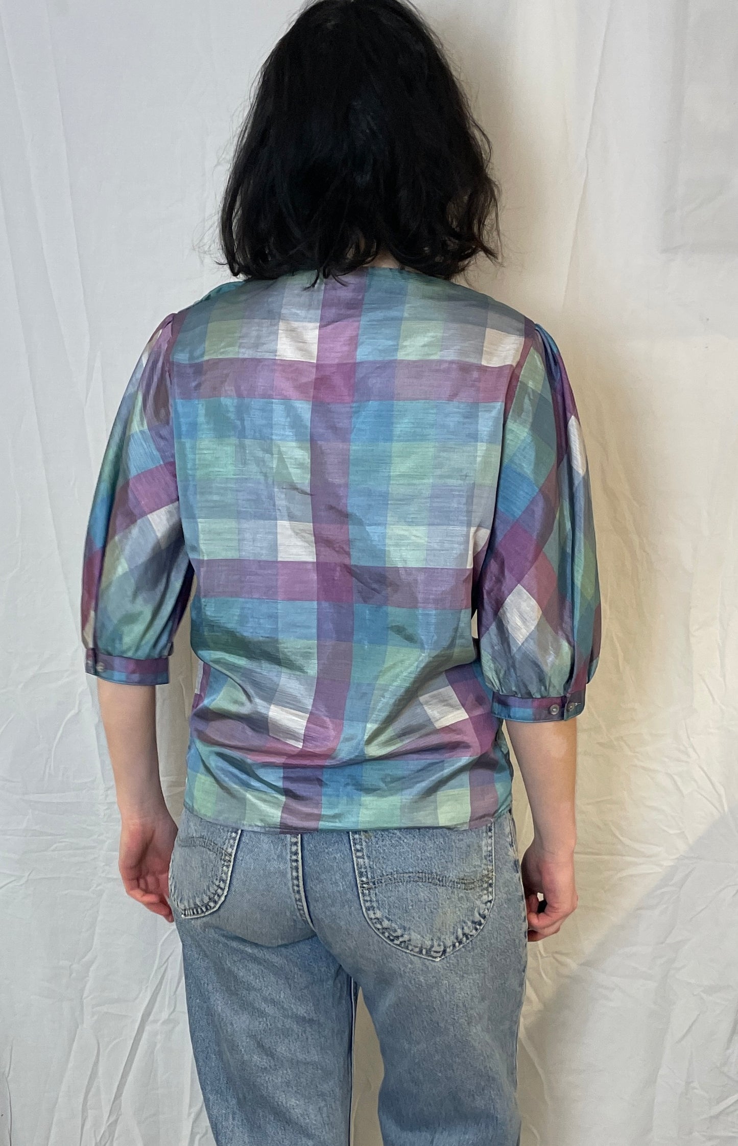 Vintage 80s Blue and Purple Checked Puff Sleeve Satin Blouse - Up To Size 12