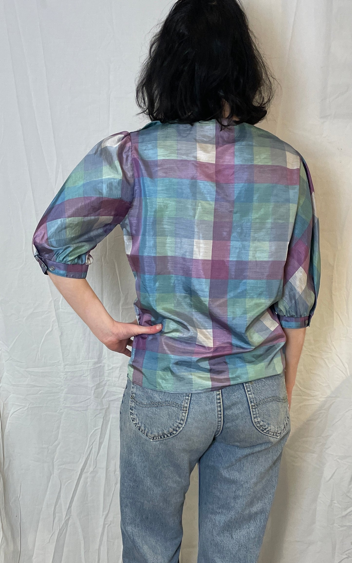 Vintage 80s Blue and Purple Checked Puff Sleeve Satin Blouse - Up To Size 12