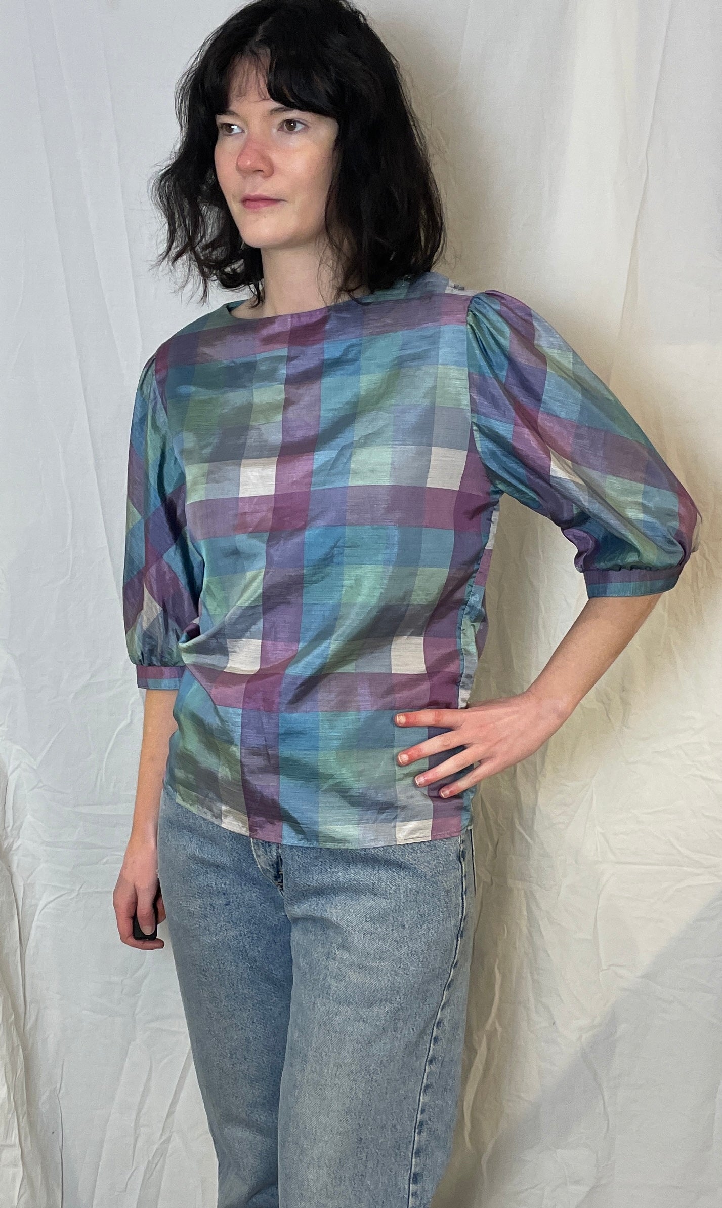 Vintage 80s Blue and Purple Checked Puff Sleeve Satin Blouse - Up To Size 12