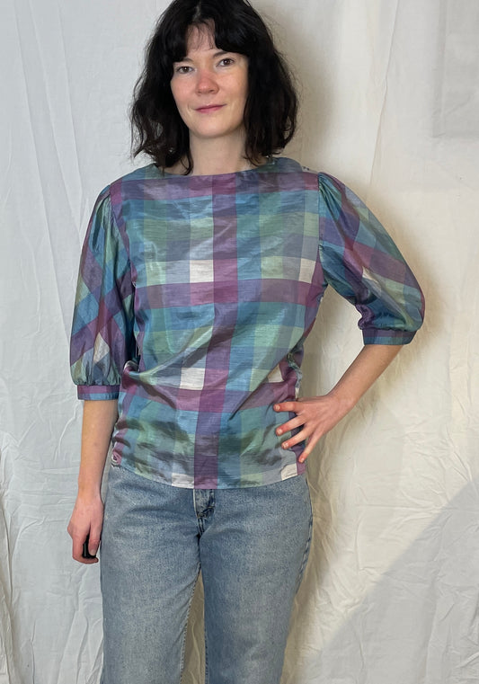 Vintage 80s Blue and Purple Checked Puff Sleeve Satin Blouse - Up To Size 12
