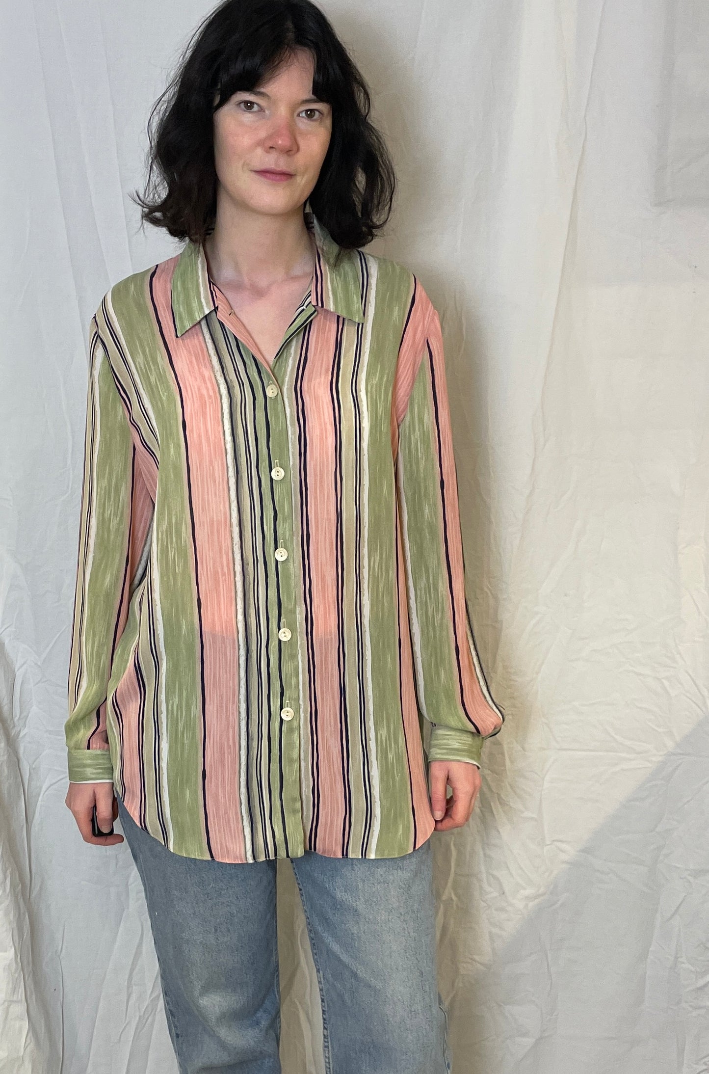 Vintage 80s Pink and Green Striped Chiffon Shirt - Up To Size 14