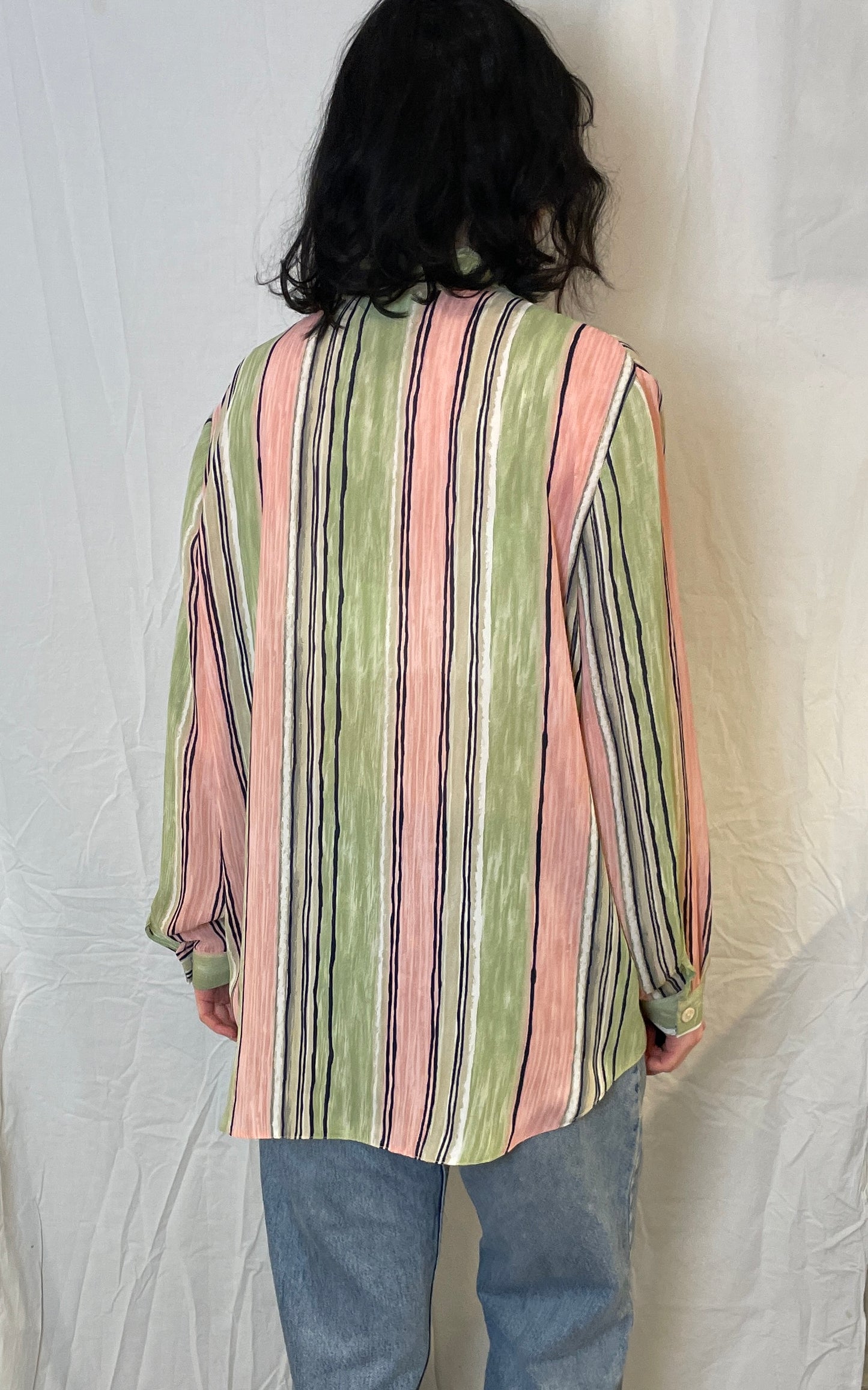Vintage 80s Pink and Green Striped Chiffon Shirt - Up To Size 14