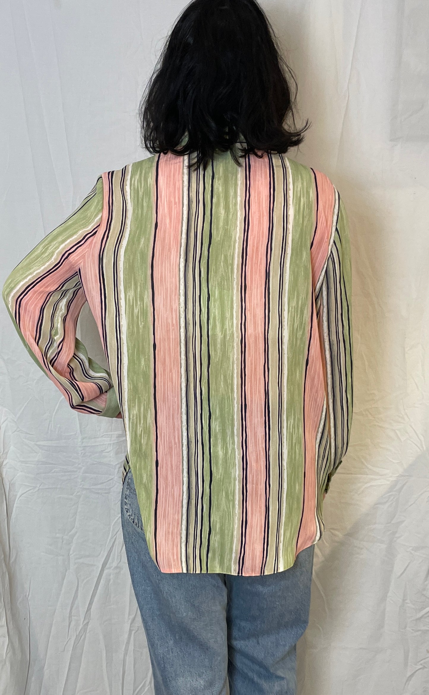 Vintage 80s Pink and Green Striped Chiffon Shirt - Up To Size 14