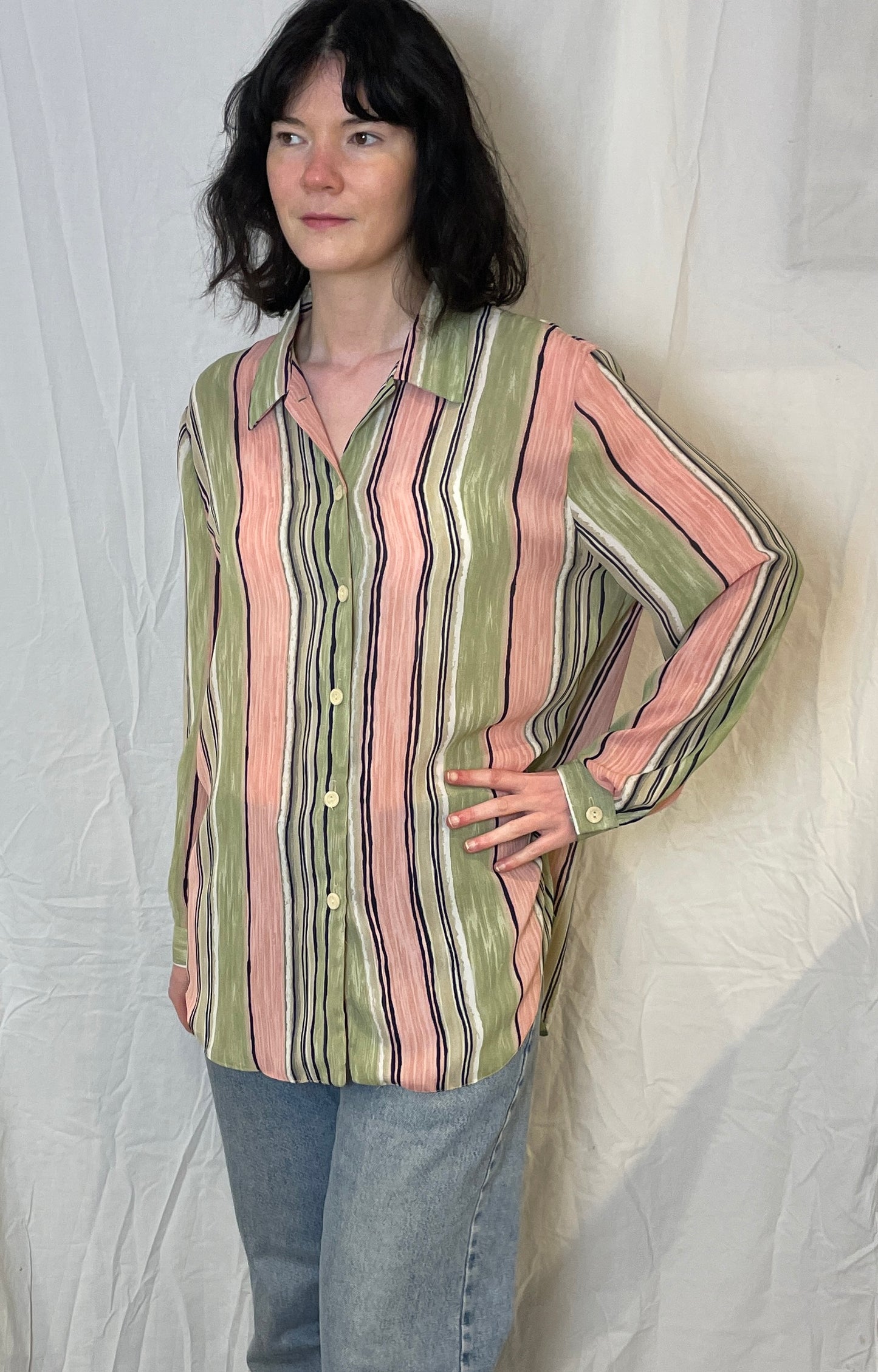 Vintage 80s Pink and Green Striped Chiffon Shirt - Up To Size 14