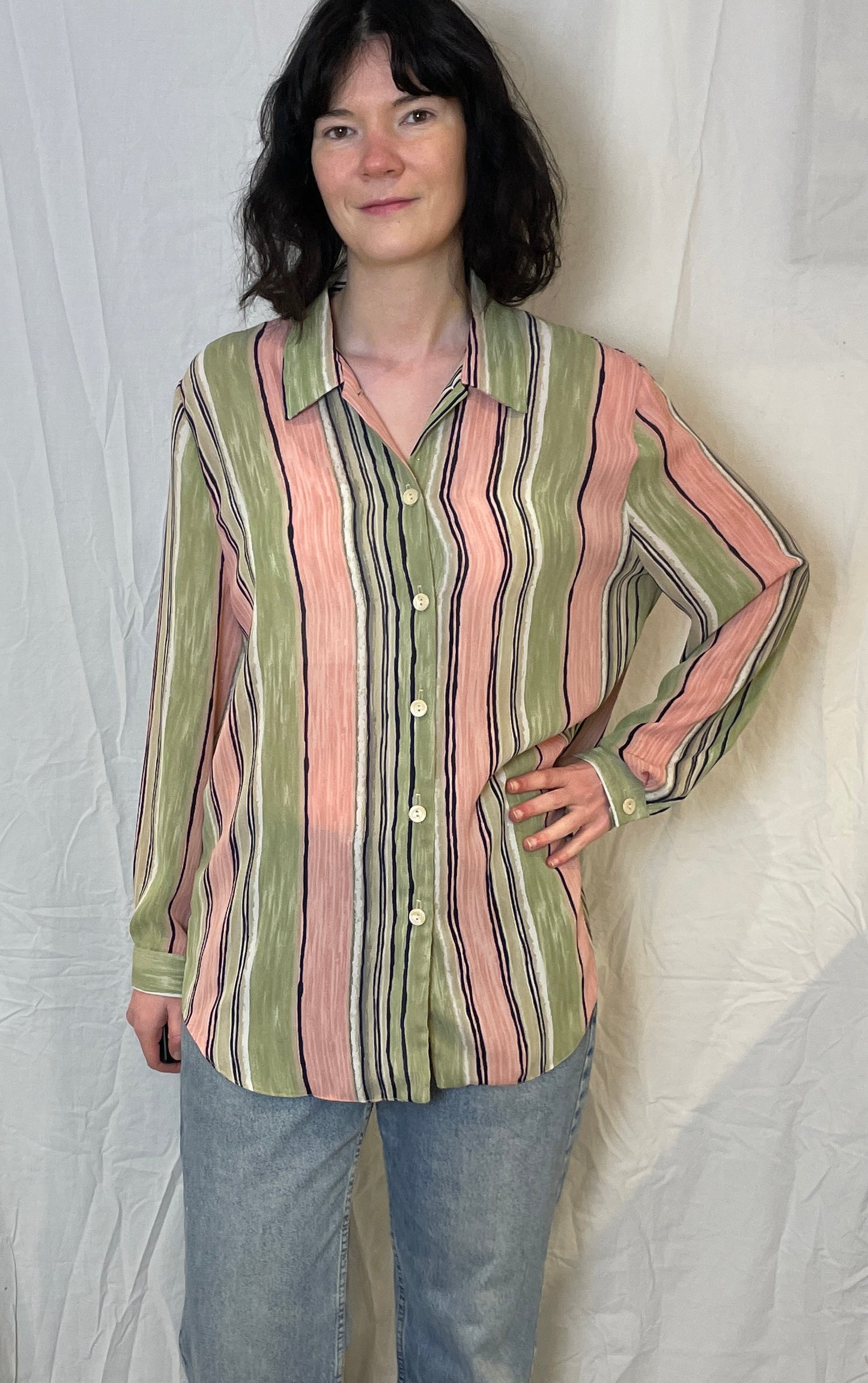 Vintage 80s Pink and Green Striped Chiffon Shirt - Up To Size 14
