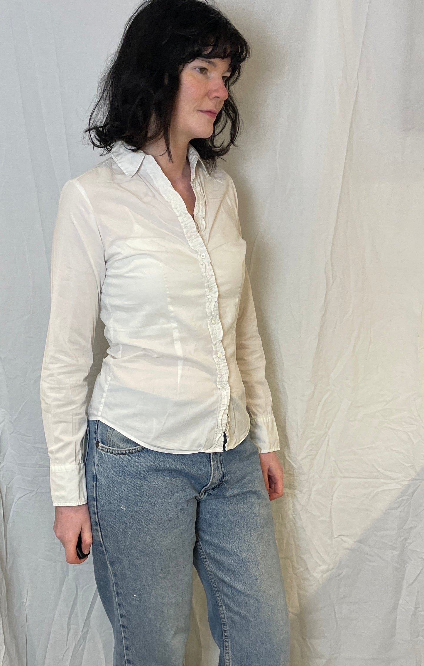 Vintage 90s Tommy Hilfiger White Ruffle Front Fitted Shirt - Up To Size 10