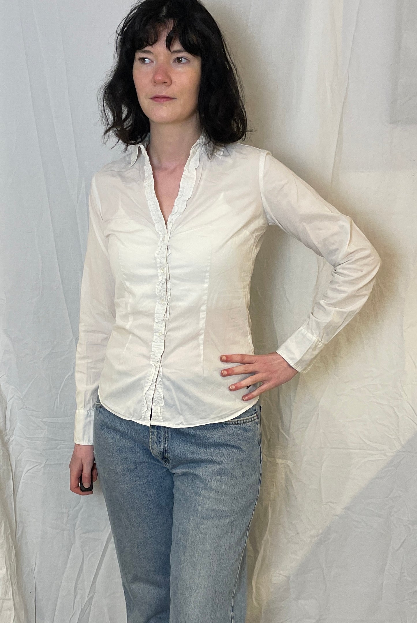 Vintage 90s Tommy Hilfiger White Ruffle Front Fitted Shirt - Up To Size 10