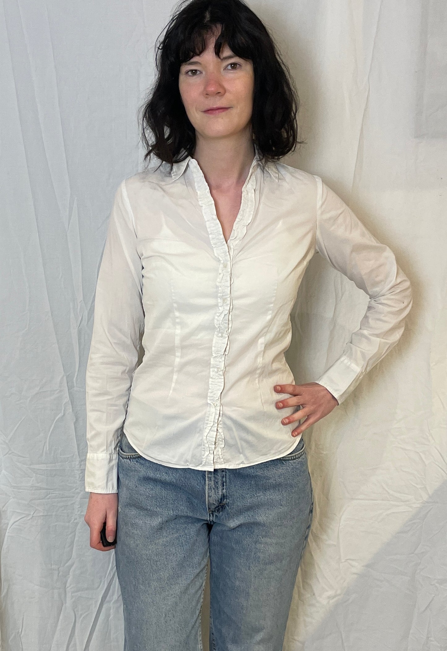 Vintage 90s Tommy Hilfiger White Ruffle Front Fitted Shirt - Up To Size 10