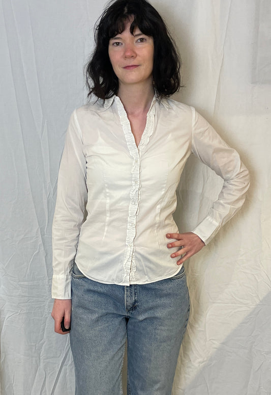 Vintage 90s Tommy Hilfiger White Ruffle Front Fitted Shirt - Up To Size 10