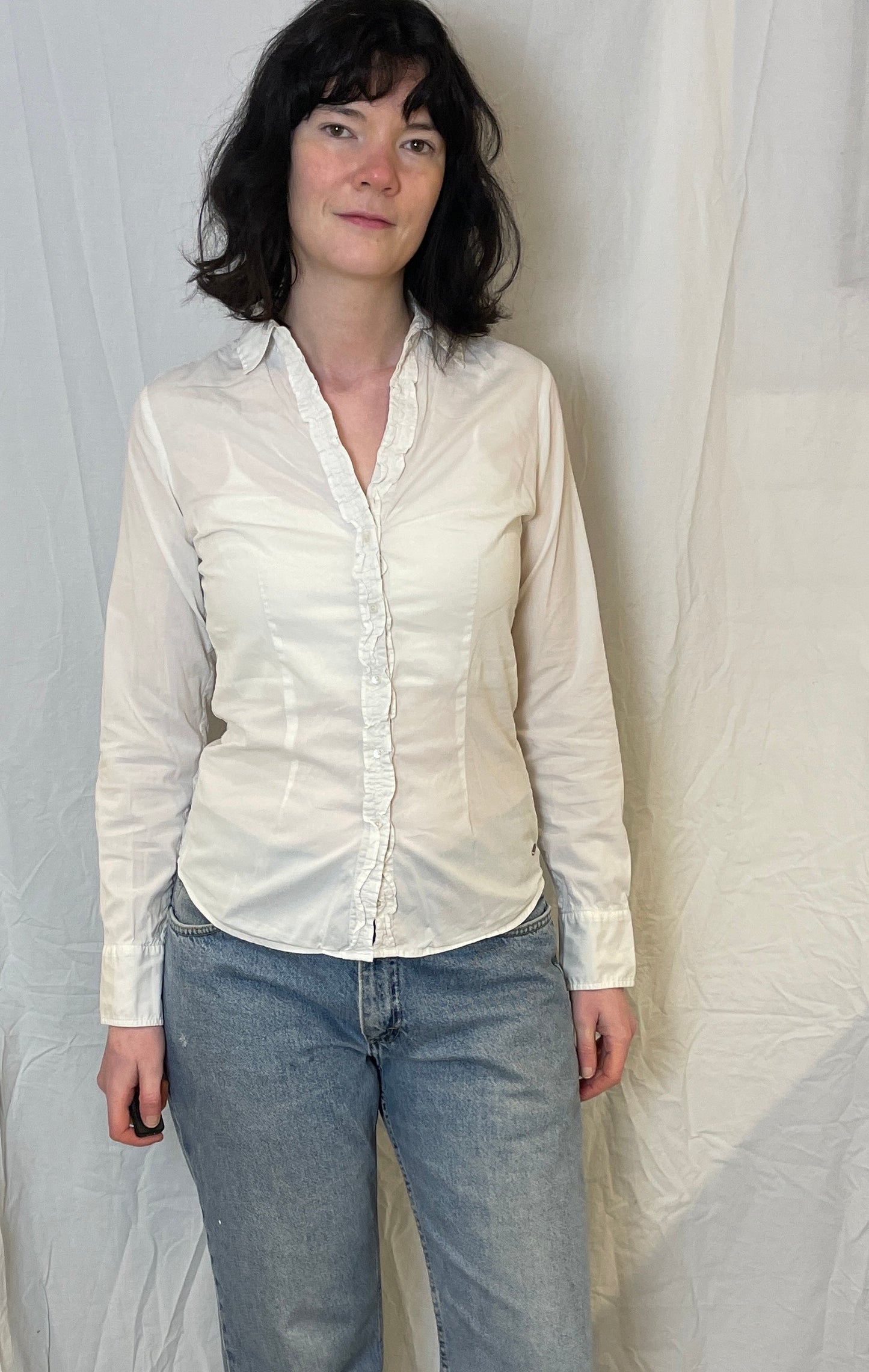 Vintage 90s Tommy Hilfiger White Ruffle Front Fitted Shirt - Up To Size 10