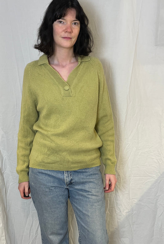 Vintage 90s Pale Green V-Neck Knitted Collared Jumper - Up To Size 12
