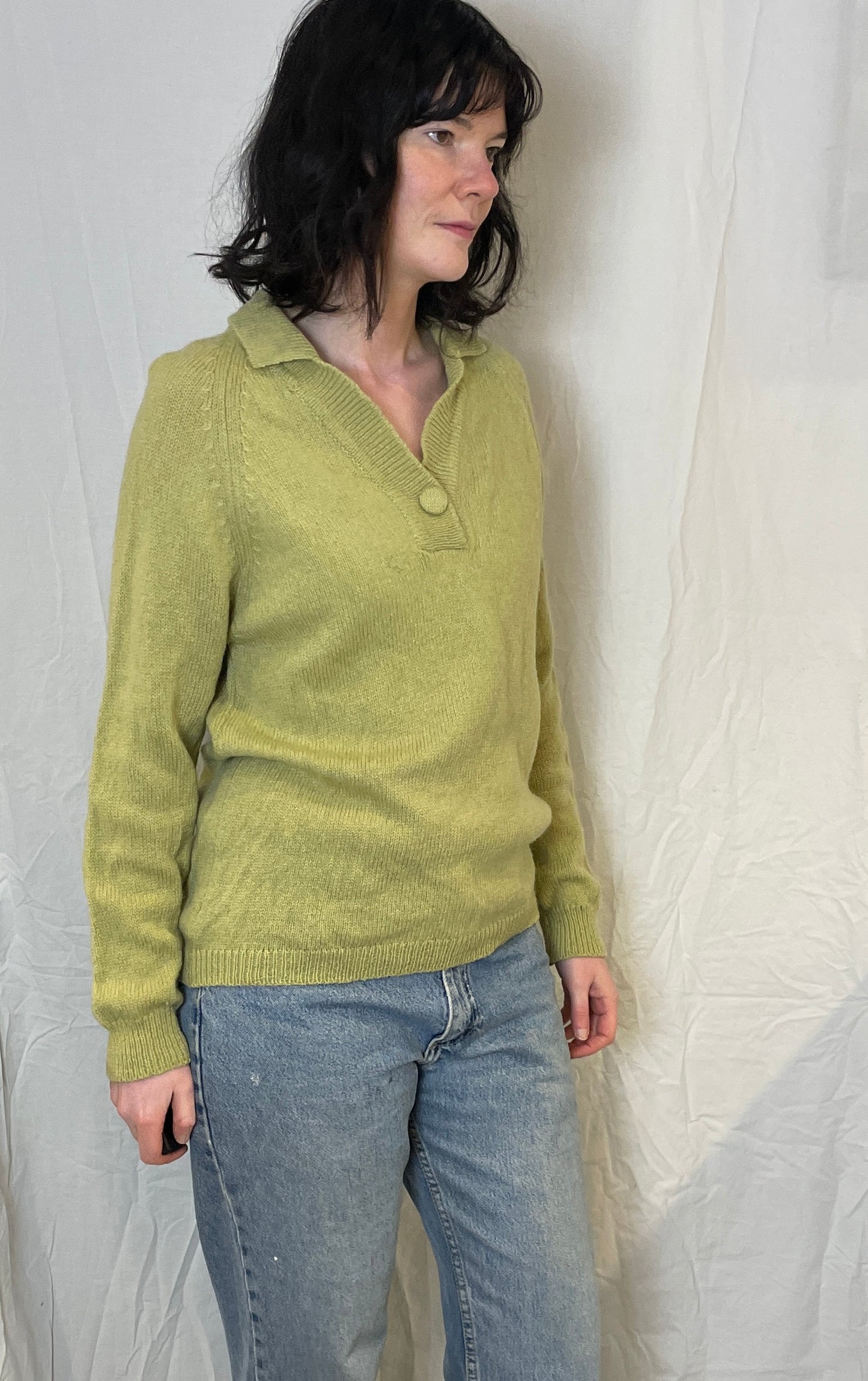 Vintage 90s Pale Green V-Neck Knitted Collared Jumper - Up To Size 12