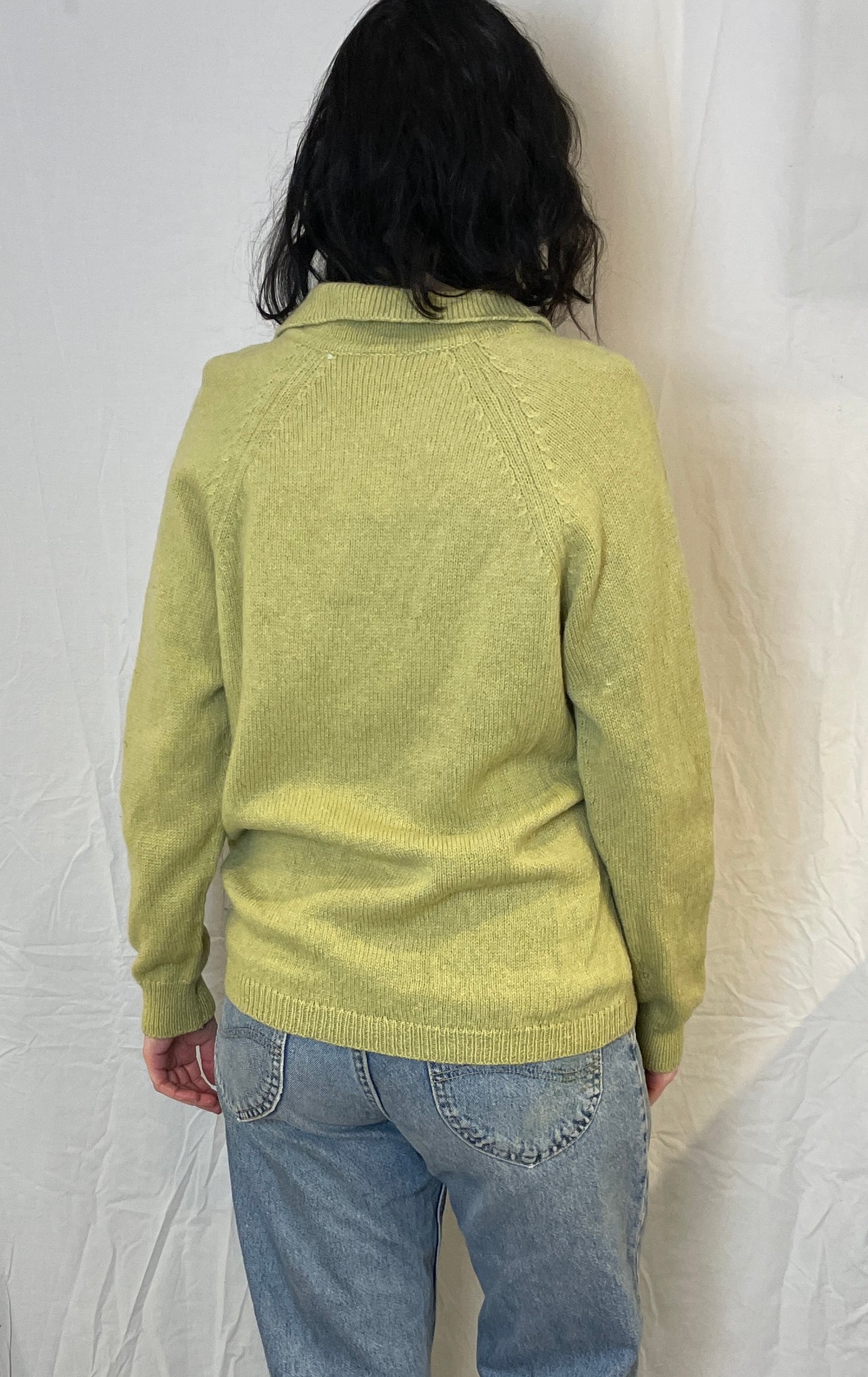Vintage 90s Pale Green V-Neck Knitted Collared Jumper - Up To Size 12