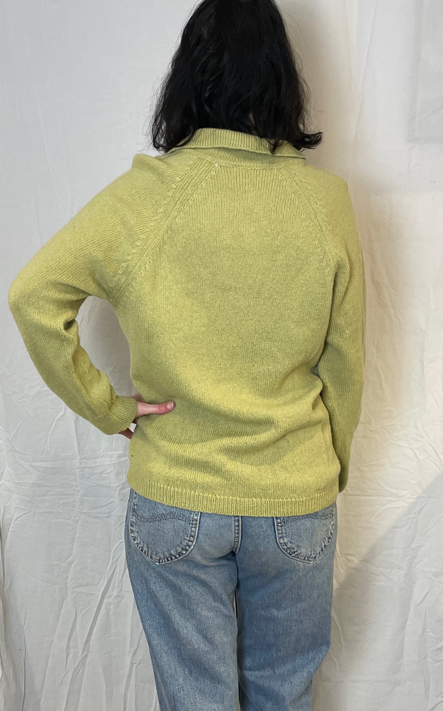 Vintage 90s Pale Green V-Neck Knitted Collared Jumper - Up To Size 12