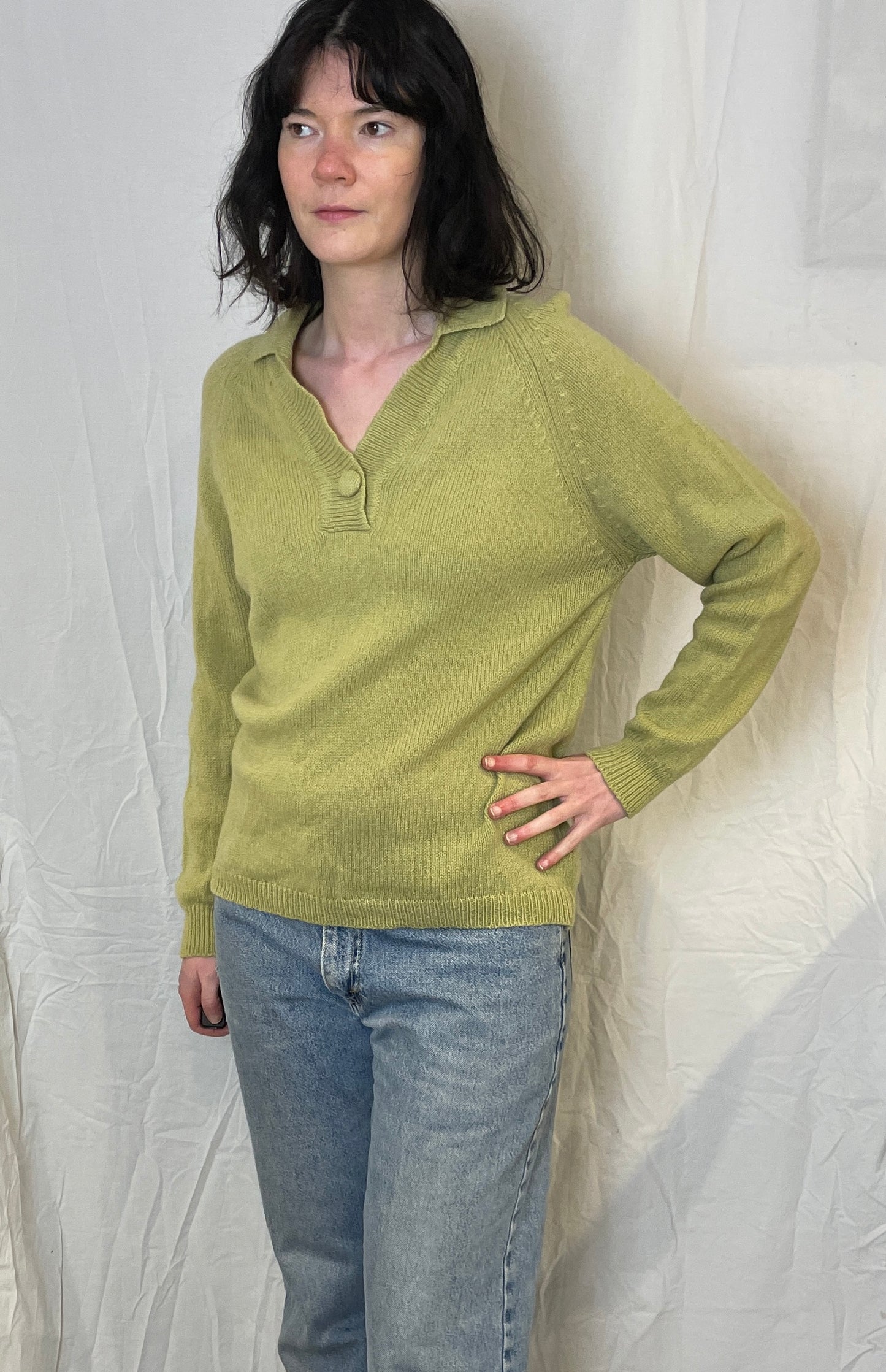 Vintage 90s Pale Green V-Neck Knitted Collared Jumper - Up To Size 12
