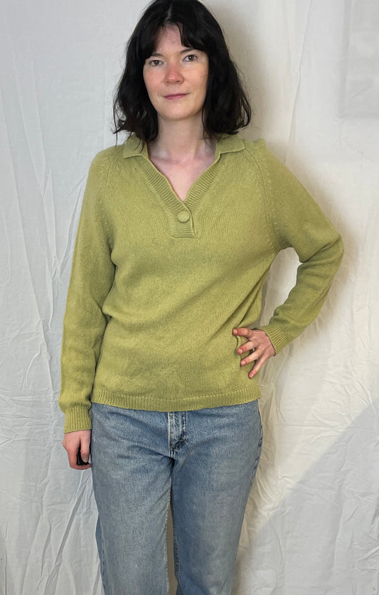 Vintage 90s Pale Green V-Neck Knitted Collared Jumper - Up To Size 12
