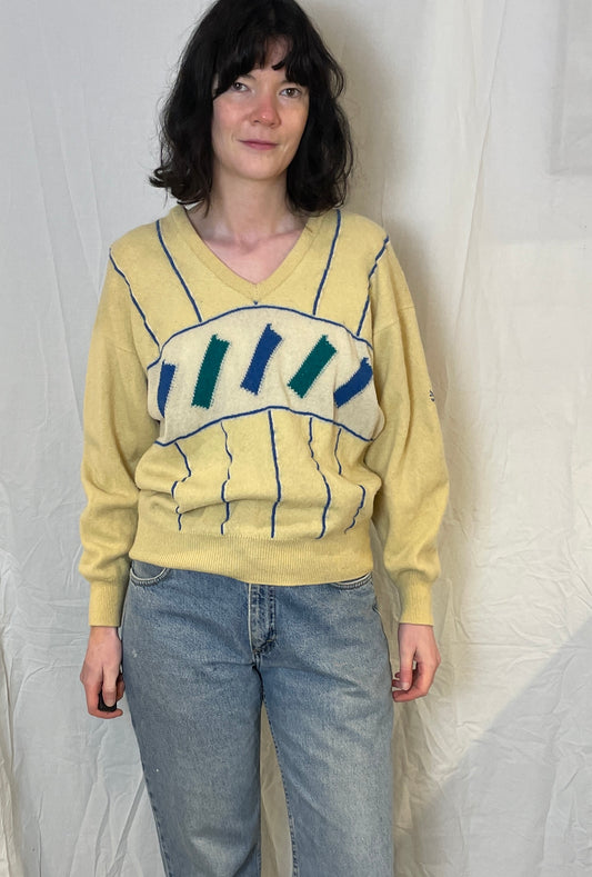 Vintage 80s Pringle Pale Yellow Retro Knitted Wool Jumper - Size M
