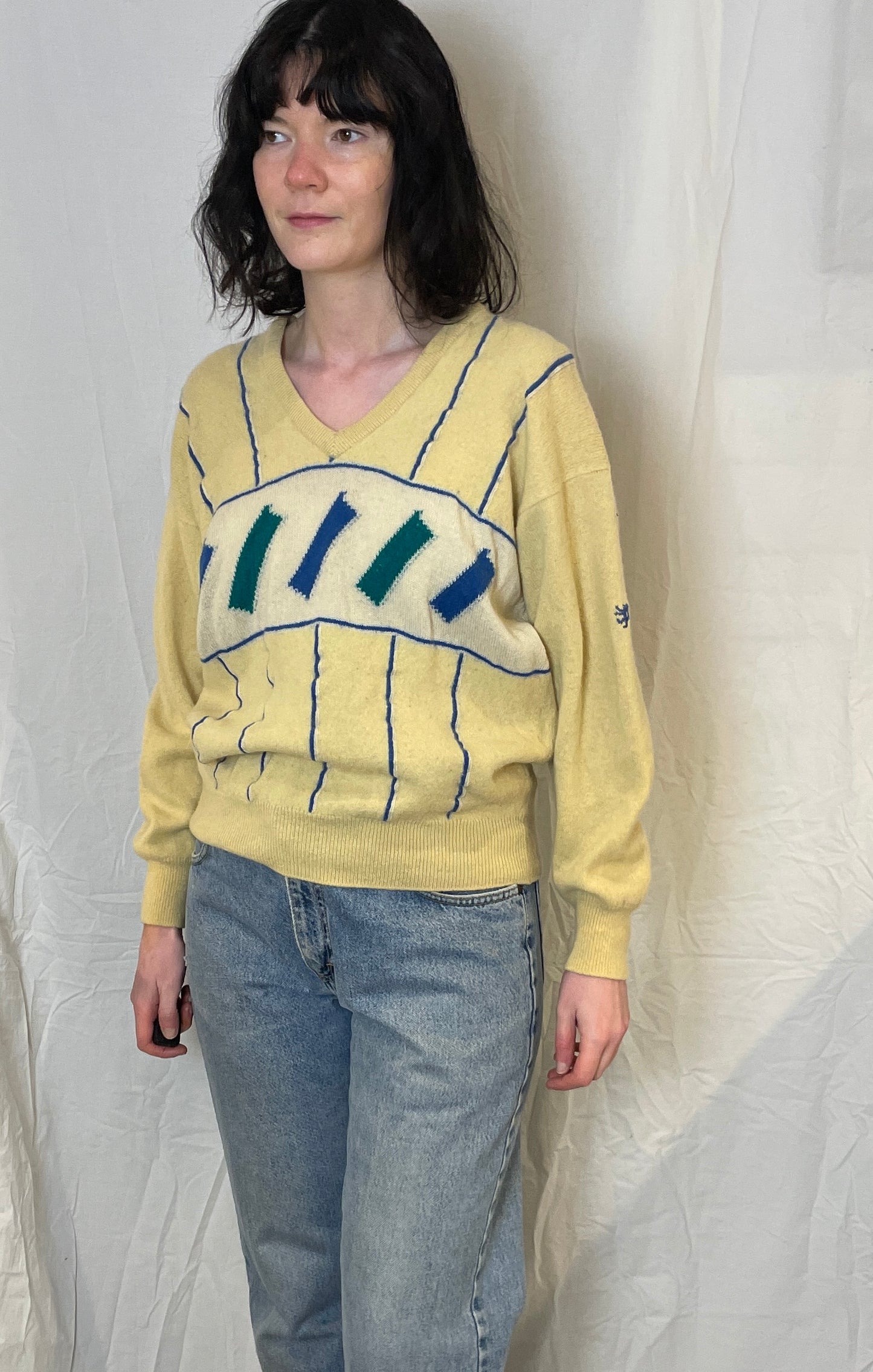 Vintage 80s Pringle Pale Yellow Retro Knitted Wool Jumper - Size M