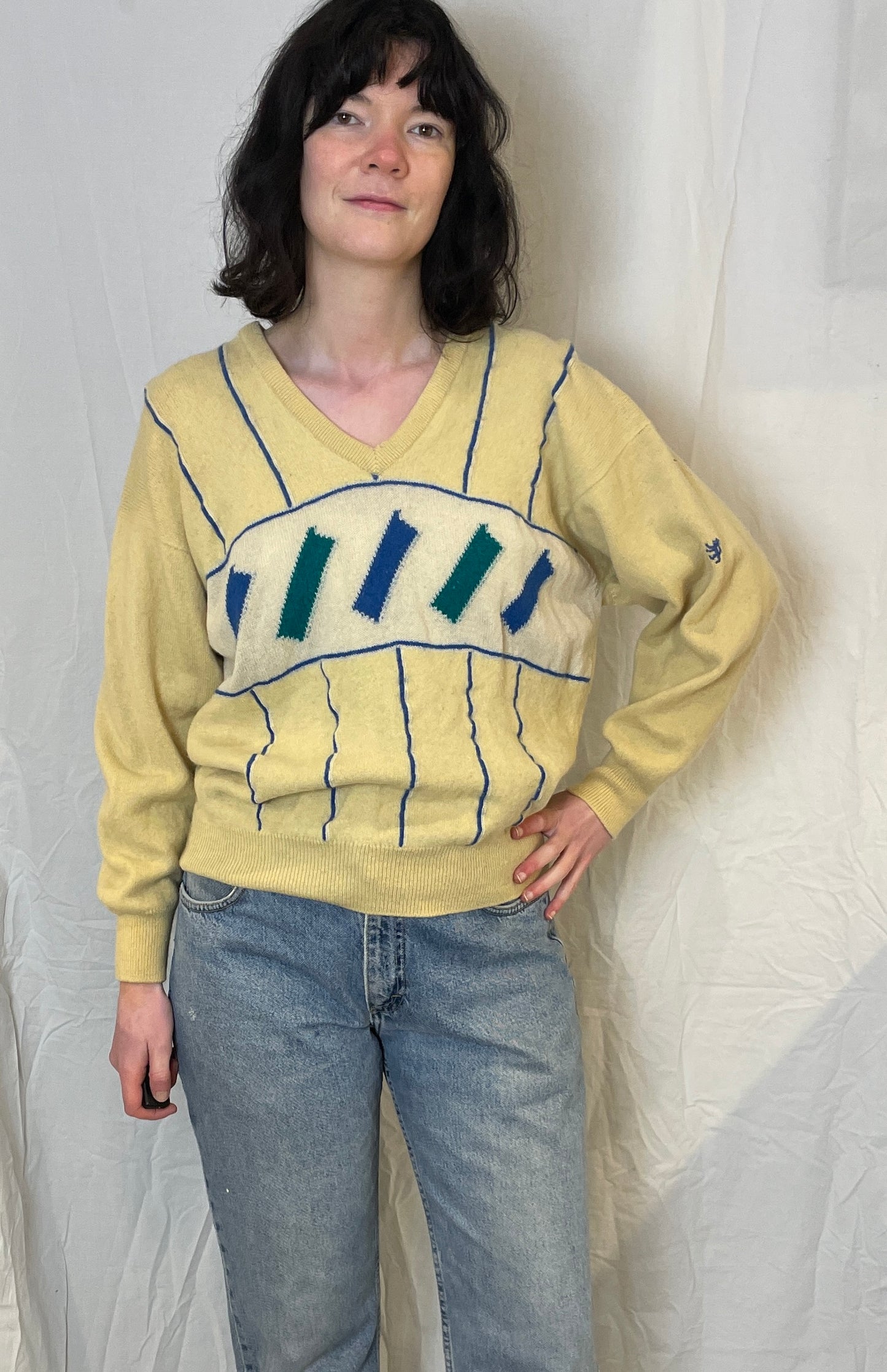 Vintage 80s Pringle Pale Yellow Retro Knitted Wool Jumper - Size M