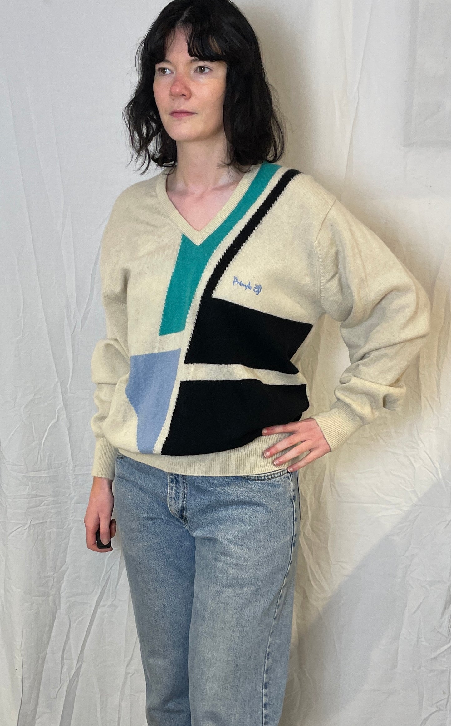 Vintage 80s Pringle White Retro Knitted Wool Jumper - Size M