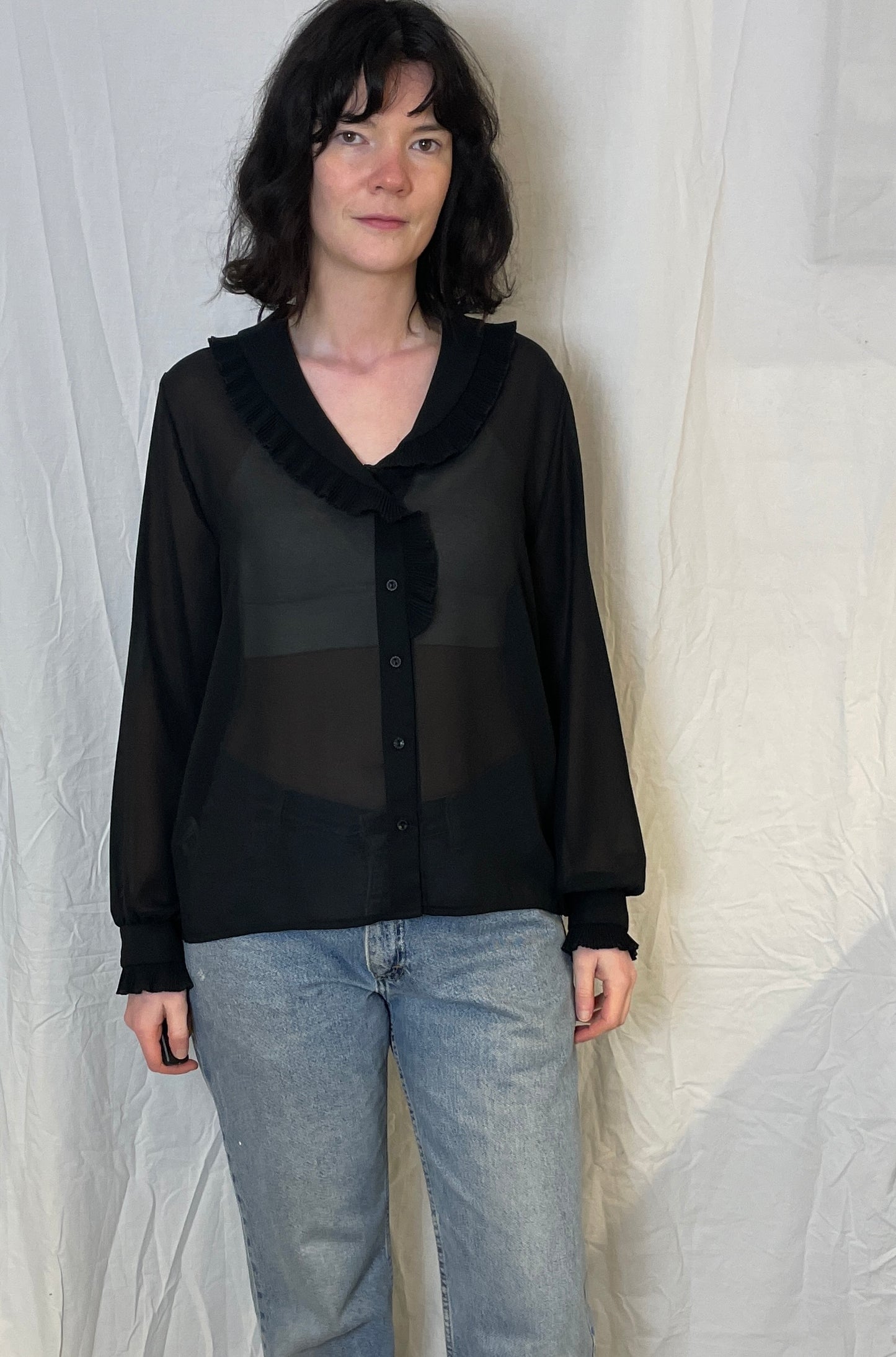 Vintage 80s Black Sheer Chiffon Ruffle Neckline Blouse - Up To Size 14