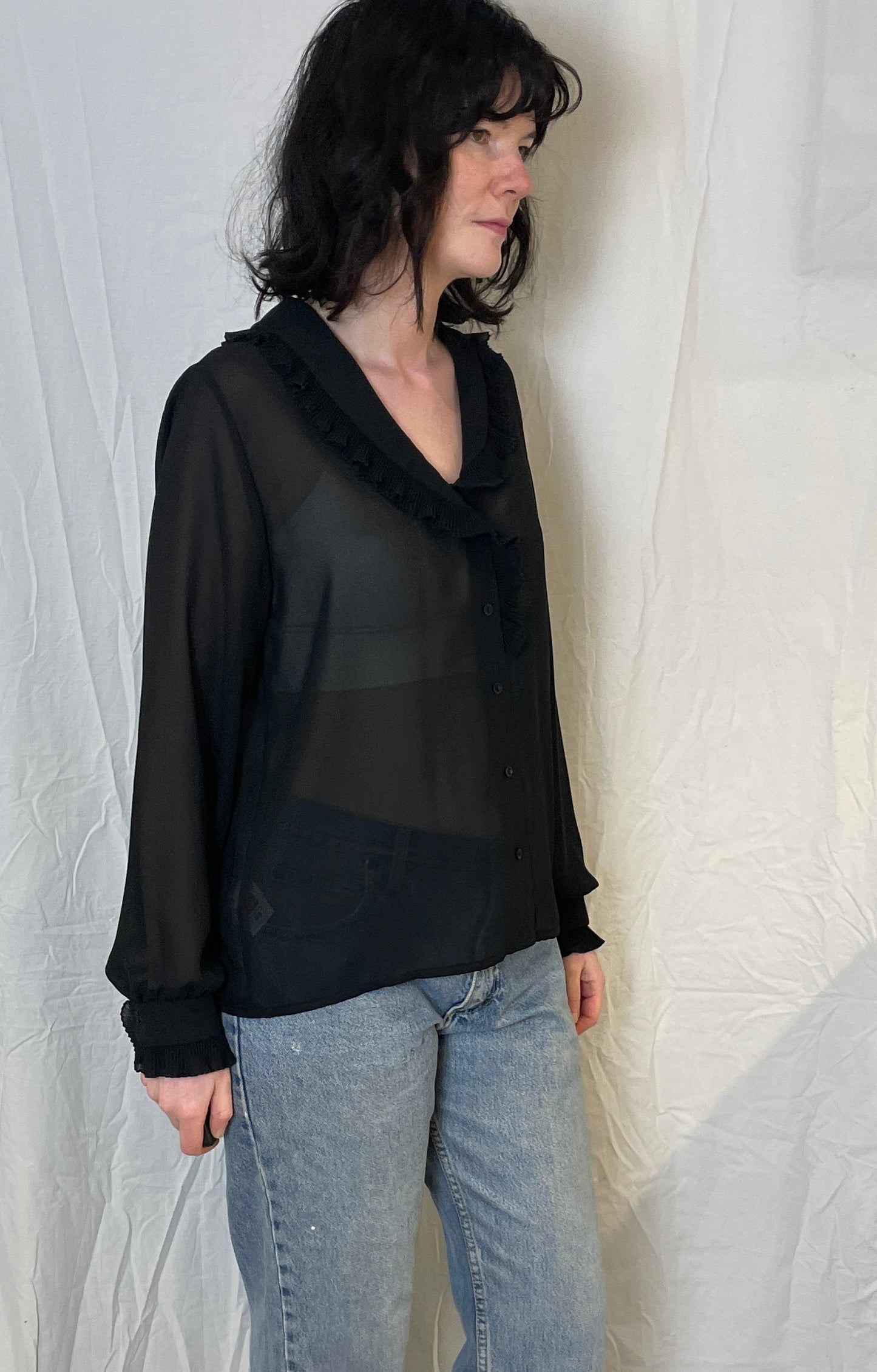 Vintage 80s Black Sheer Chiffon Ruffle Neckline Blouse - Up To Size 14